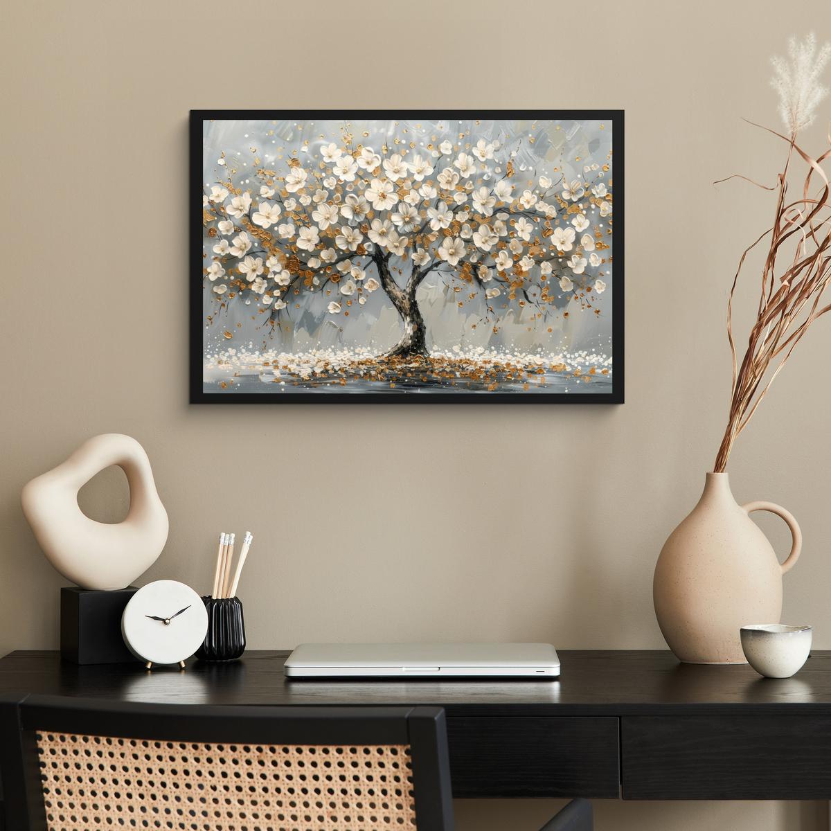 POSTER MIT RAHMENGERAHMTES BILD Baum - Blumen - Weiß - Natur - Kunst 60x40 cm - Weiß, Papier (60/40cm) - MuchoWow