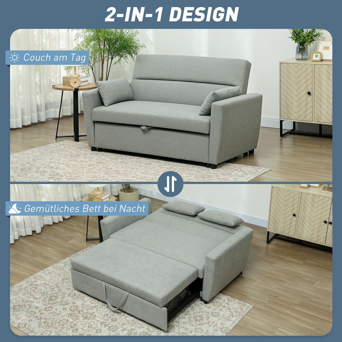 SCHLAFSOFA, 2-Sitzer Sofa mit Schlaffunktion, Verstellbare Rückenlehne, Hellgrau - Hellgrau, Textil (90/88.5/155cm) - HOMCOM