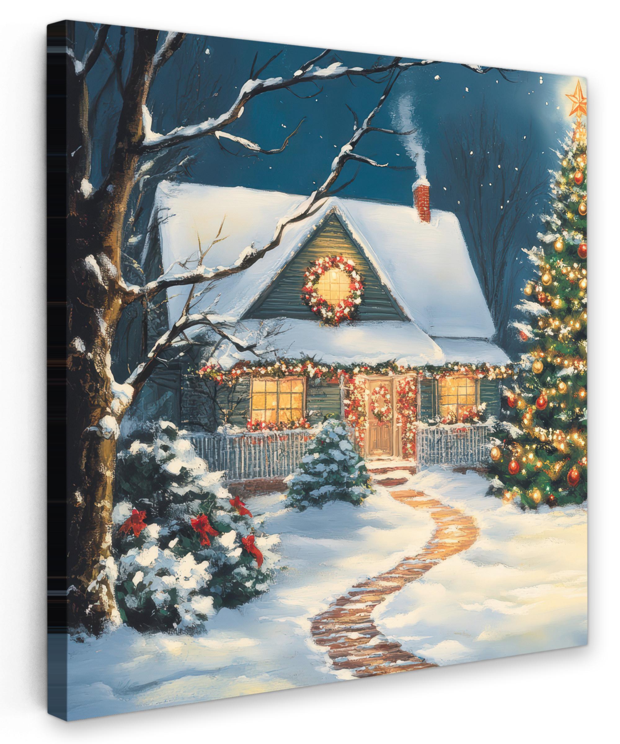 LEINWANDBILD Weihnachten - Weihnachtsbaum - Winter - Zuhause - Schnee Wandbild Wohnzimmer 50x50 cm - Smaragdgrün, Textil (50/50cm) - MuchoWow