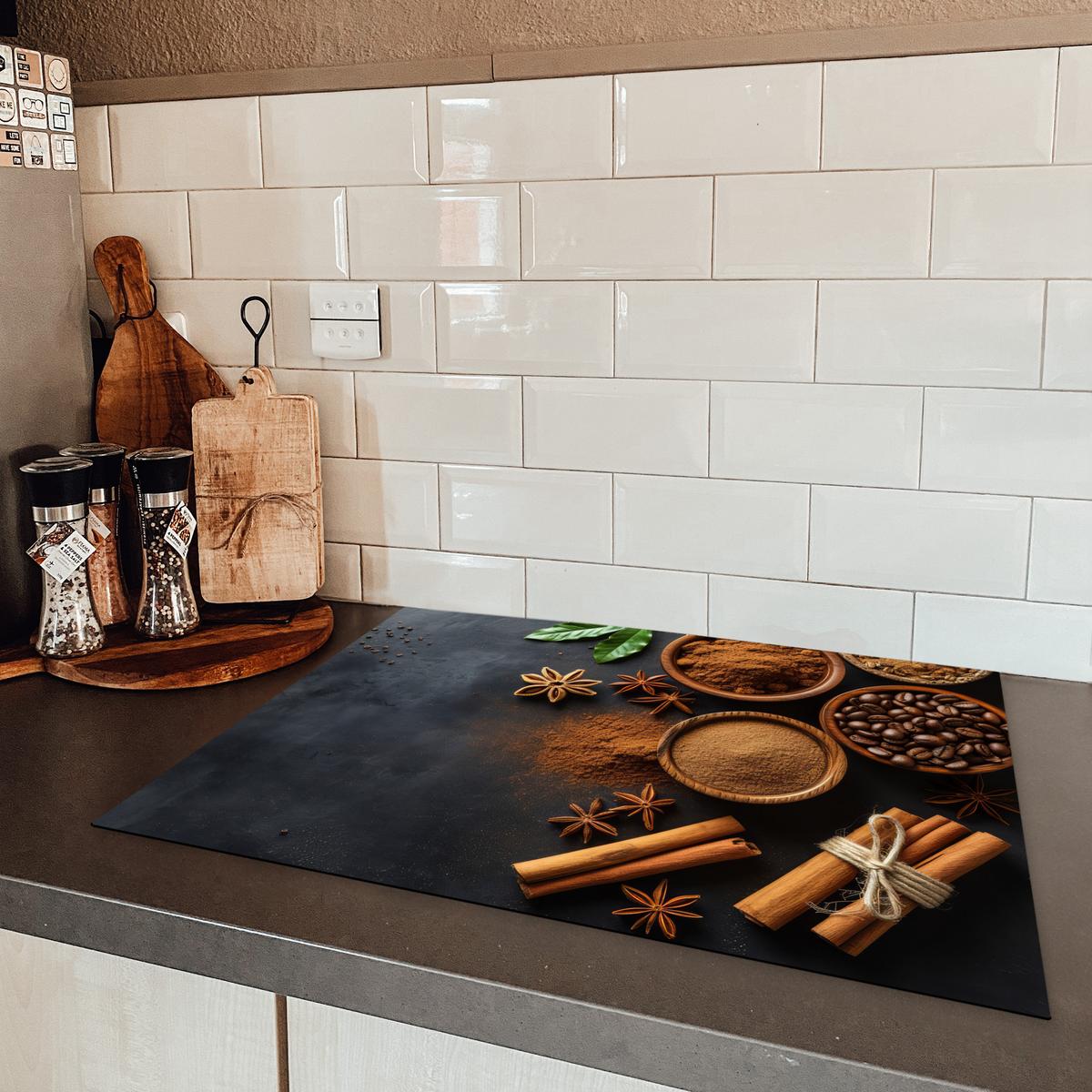 HERDABDECKPLATTE Zimt - Beton - Kaffee - Zimtstangen - Gewürze Herdabdeckung Induktionsfeld 70x52 cm - Mokka, Kunststoff (70/52/0.2cm) - MuchoWow