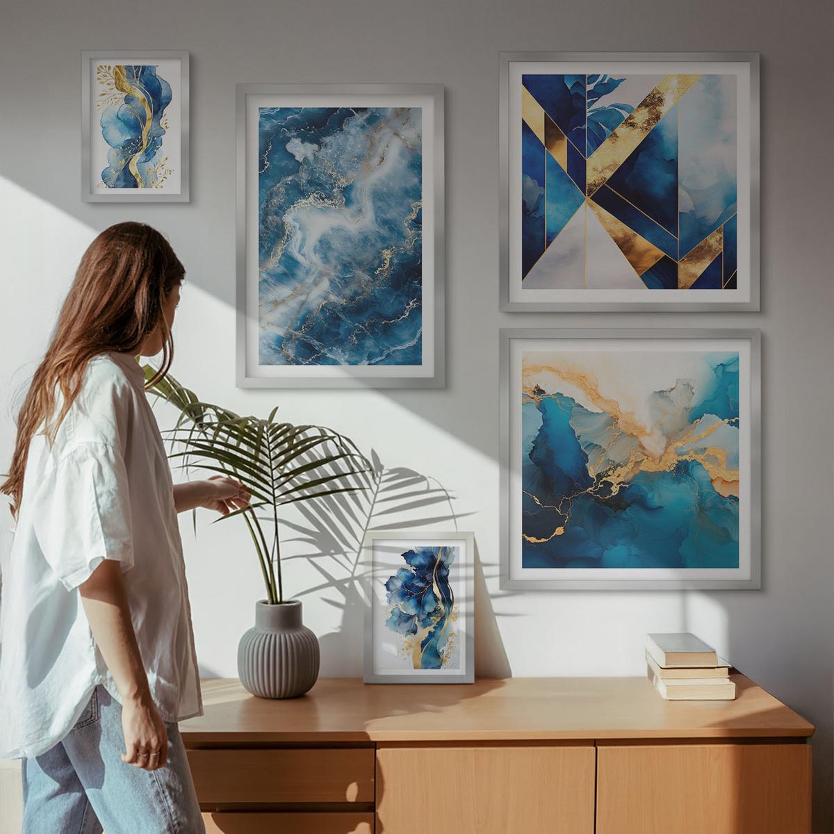 BILDER SET 5er Set - 50x50 cm & 20x30 cm & 40x60 cm Silberner Rahmen - Blaue abstrakte Muster - Silberfarben, Kunststoff (40/60cm) - TULUP