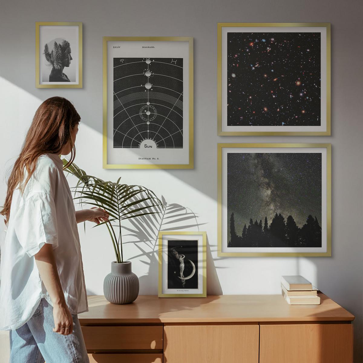 BILDER SET 5er Set - 50x50 cm & 20x30 cm & 40x60 cm Goldrahmen - Galaxie im Sonnensystem - Goldfarben, Kunststoff (40/60cm) - TULUP
