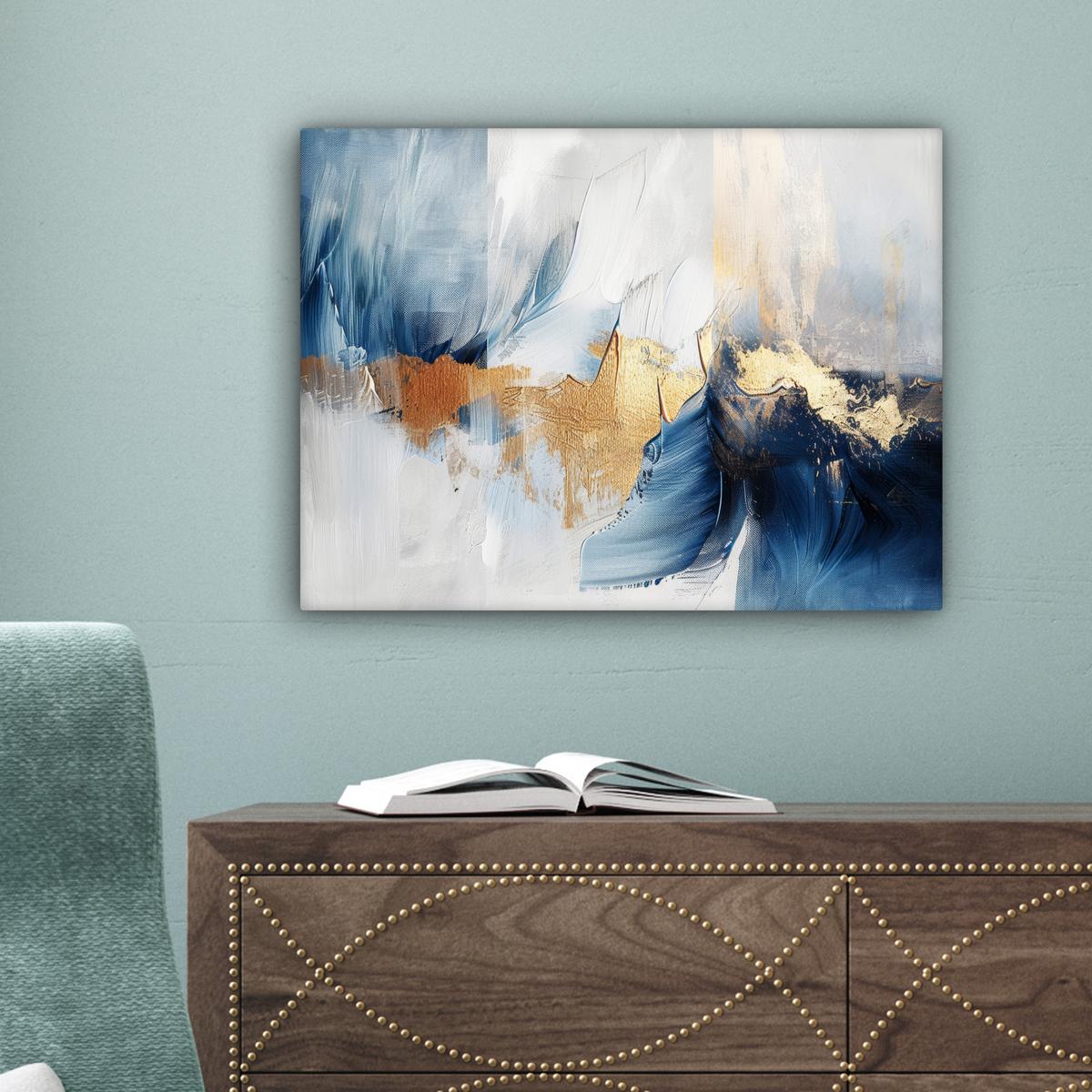 LEINWANDBILD Gold - Blau - Aquarell - Kunst - Modern Wandbild 40x30 cm - Hellblau, Textil (40/30cm) - MuchoWow