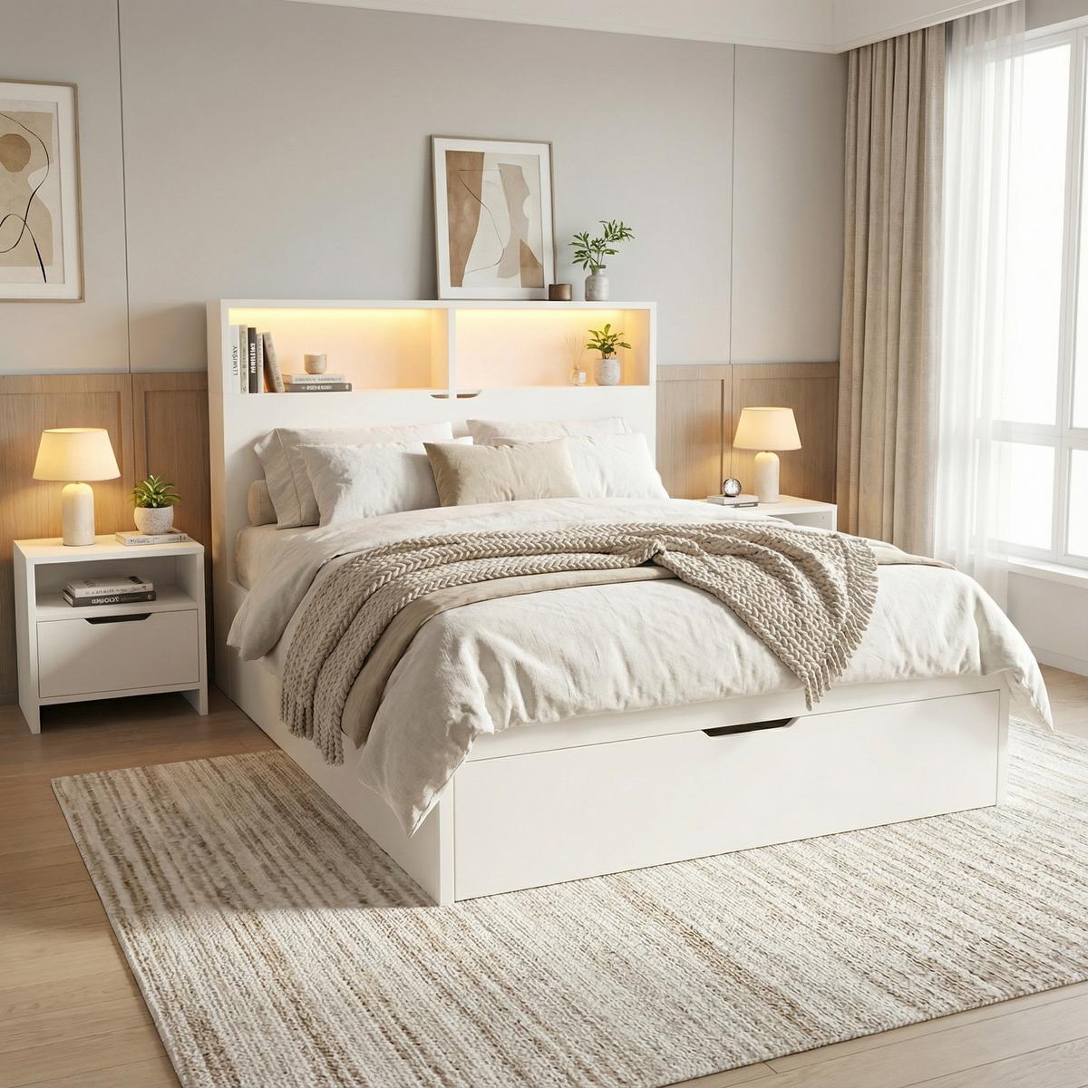 BETT 90x200 cm Weiß Multifunktions mit LED & USB - Weiß, Holzwerkstoff (90/200cm) - Urban Meuble