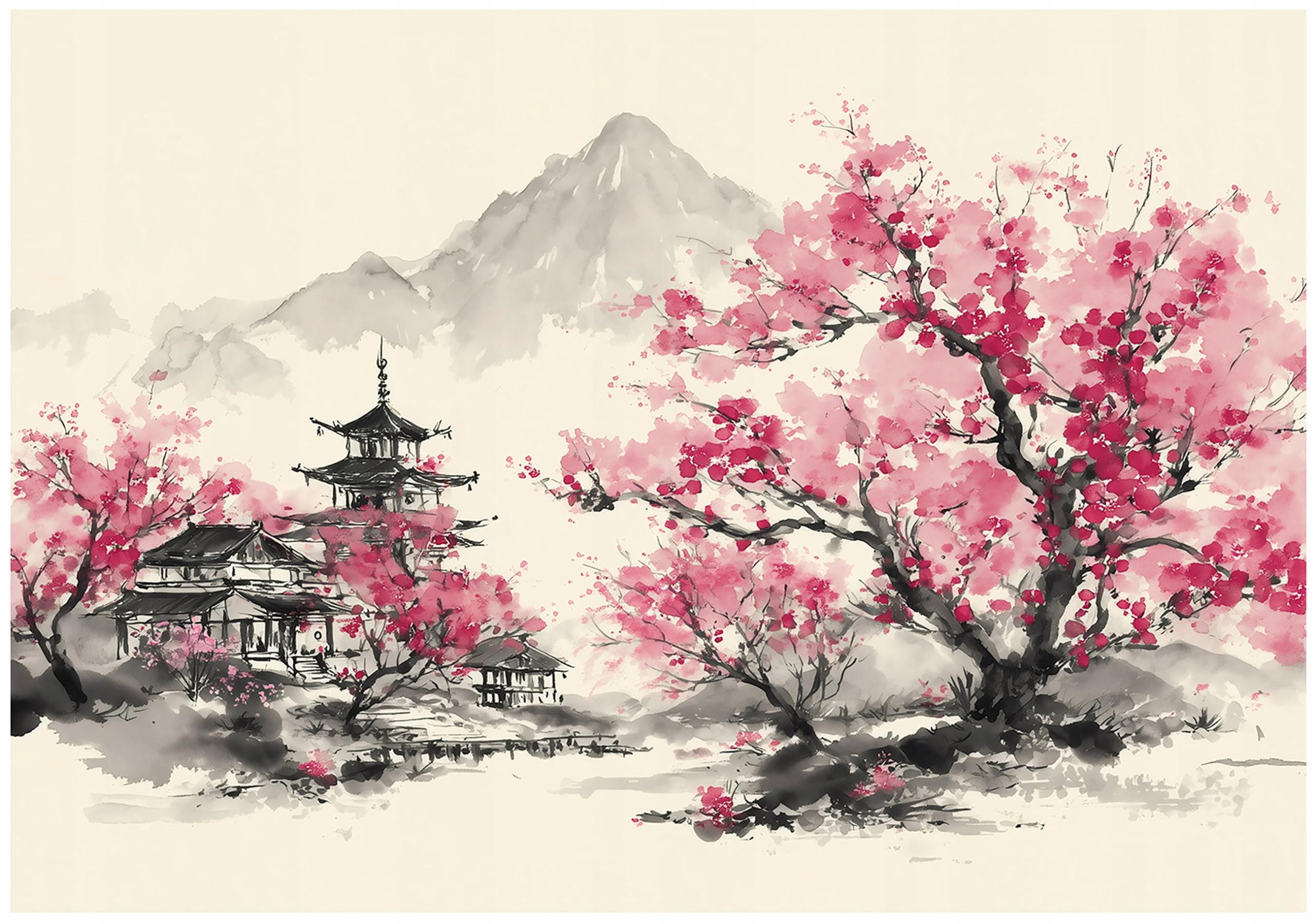 FOTOTAPETE Gebirge Kirschblüte Rosa 250x175 cm - Multicolor, Papier (250/175cm) - Wallarena