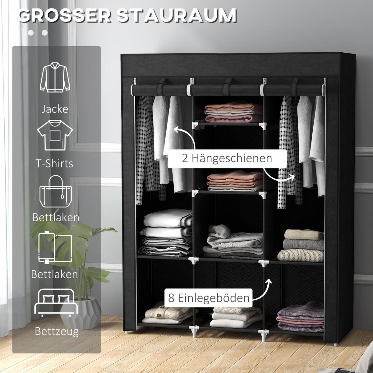 STOFFSCHRANK, Faltschrank, Kleiderschrank mit Kleiderstange, 8 Ebenen Schwarz - Schwarz, Metall (43/162.5/125cm) - HOMCOM