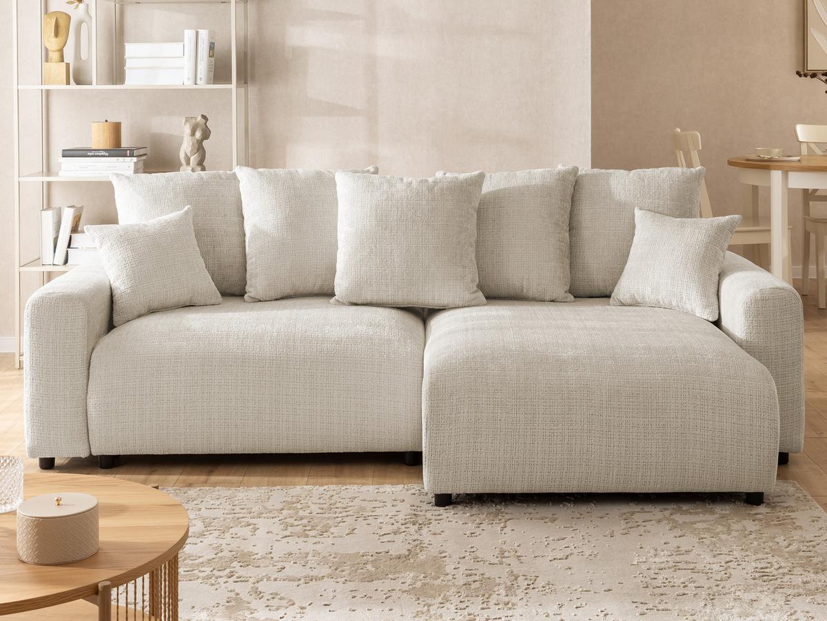 ECKSOFA Calma mit Schlaffunktion und Bettkasten im Bumpy-Design aus weichem Beige Chenille-Stoff - Ottomane rechts - Beige/Schwarz, Holz/Kunststoff (239/140cm) - S-Style Möbel