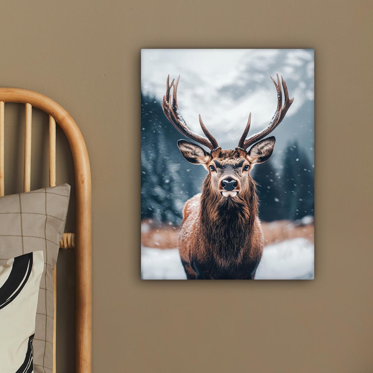 LEINWANDBILD Hirsche - Tiere - Landschaft - Winter - Schnee Room Decor 30x40 cm - Kastanienfarben, Textil (30/40cm) - MuchoWow