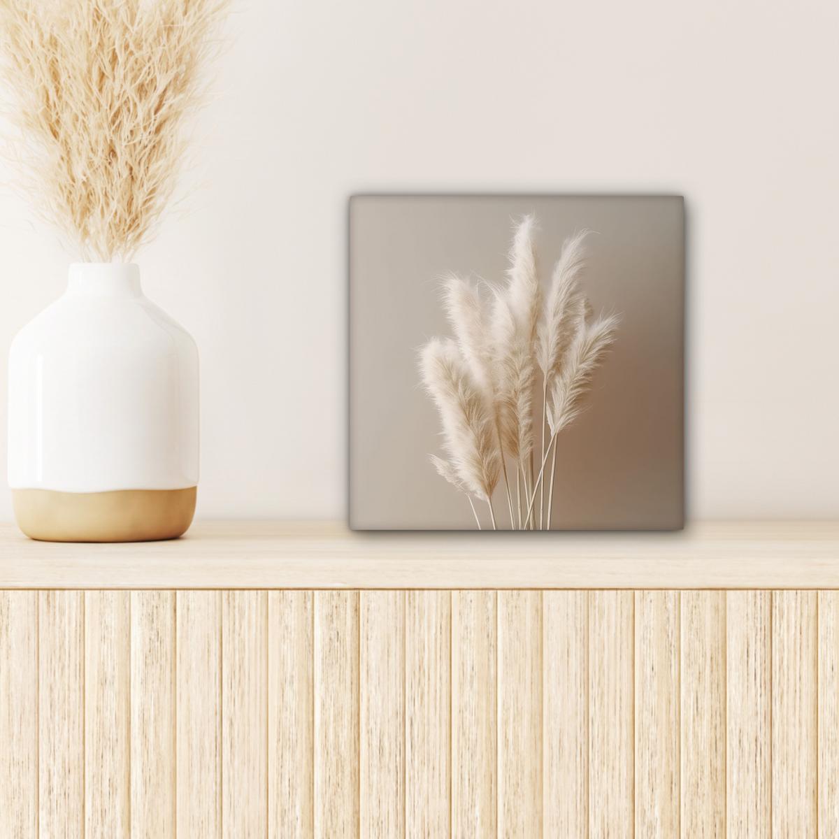 LEINWANDBILD Pampasgras - Federn - Pastell - Weiß Deko Wohnzimmer 20x20 cm - Naturfarben, Textil (20/20cm) - MuchoWow