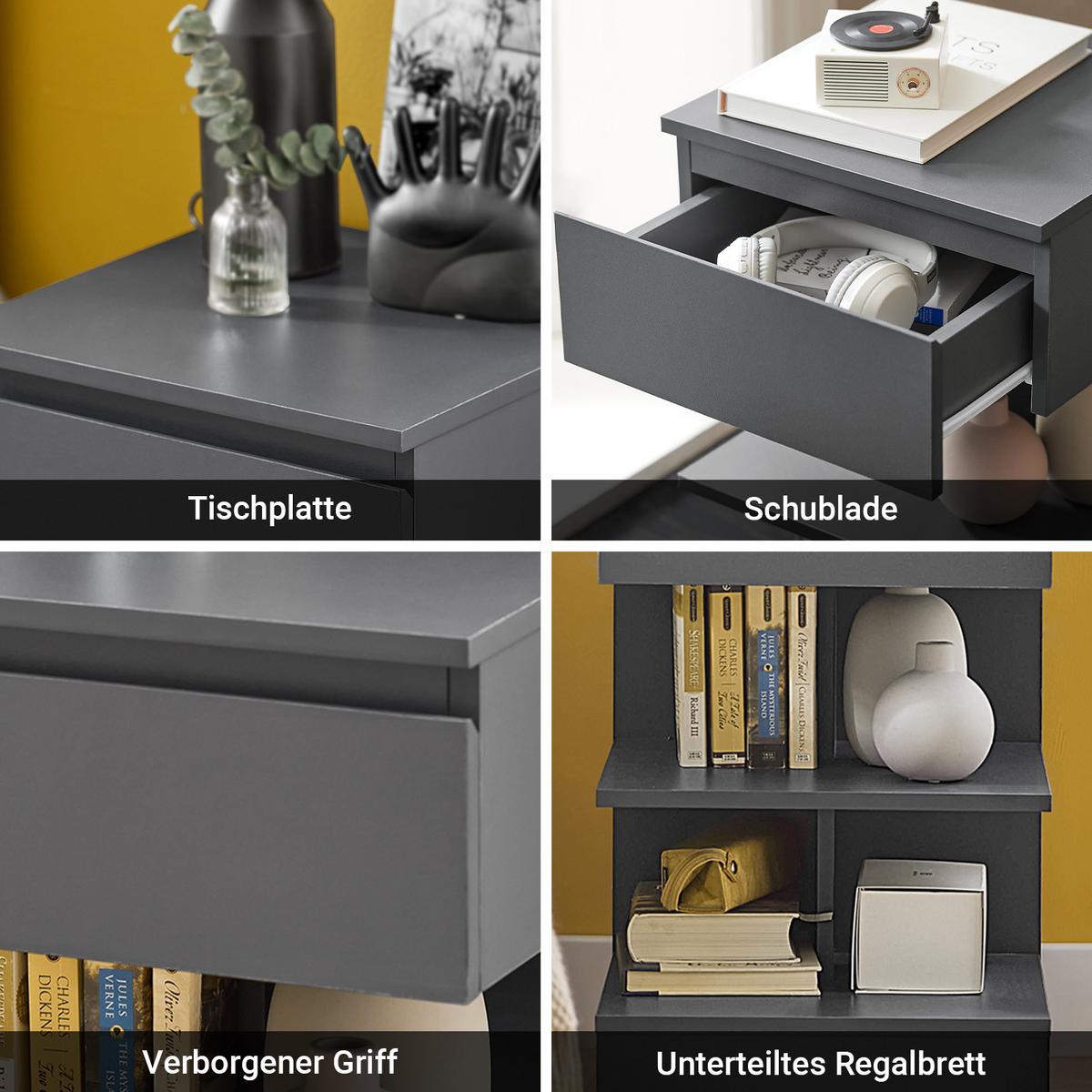 NACHTTISCH 2er Set, Beistelltisch Grau 39x39x65 cm - Grau, Holzwerkstoff (39/65/39cm) - SoBuy
