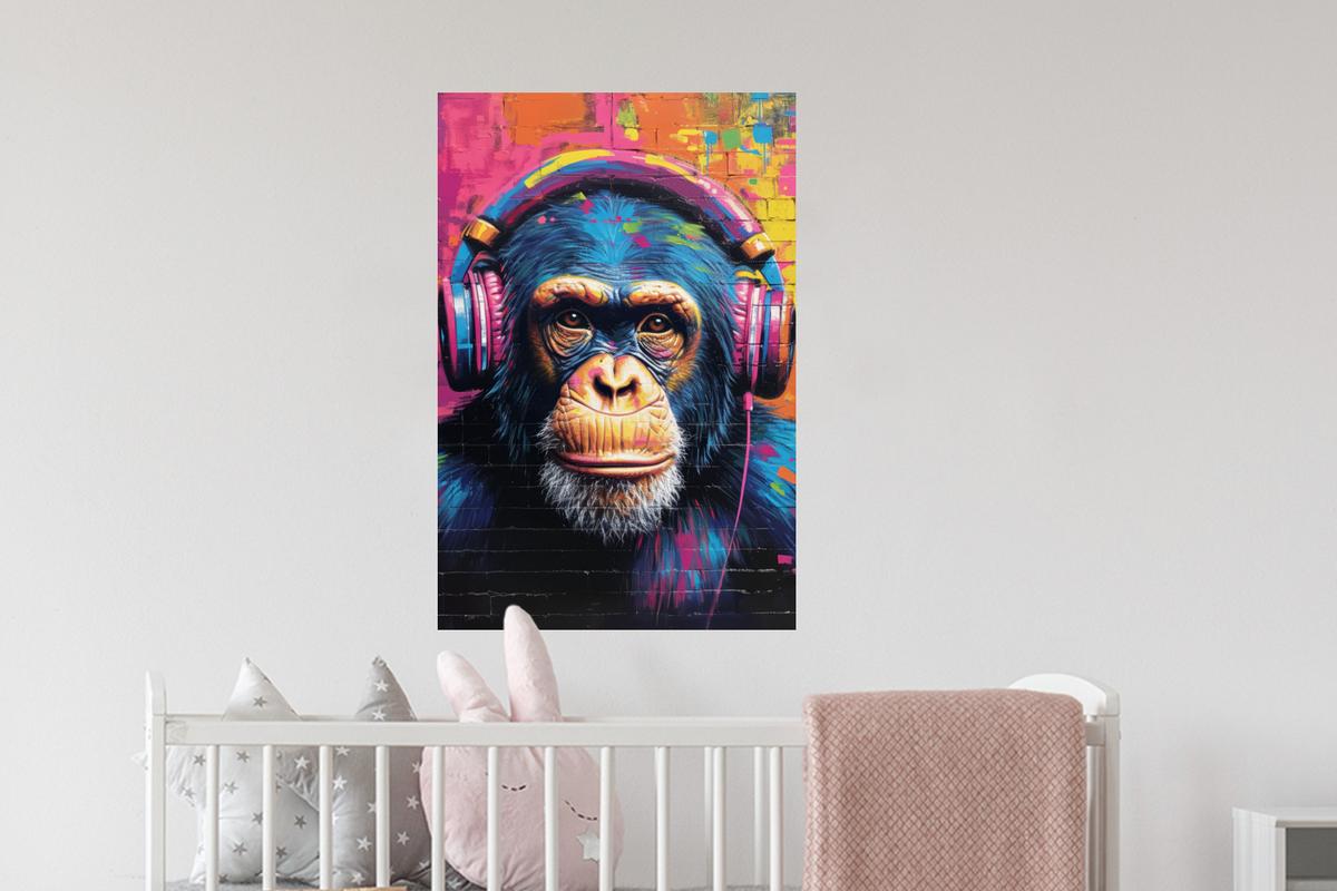 WANDTATTOO Graffiti - Schimpanse - Straßenkunst - Kopfhörer - Affe Wandbild 40x60 cm - Blau, Kunststoff (40/60/0.1cm) - MuchoWow