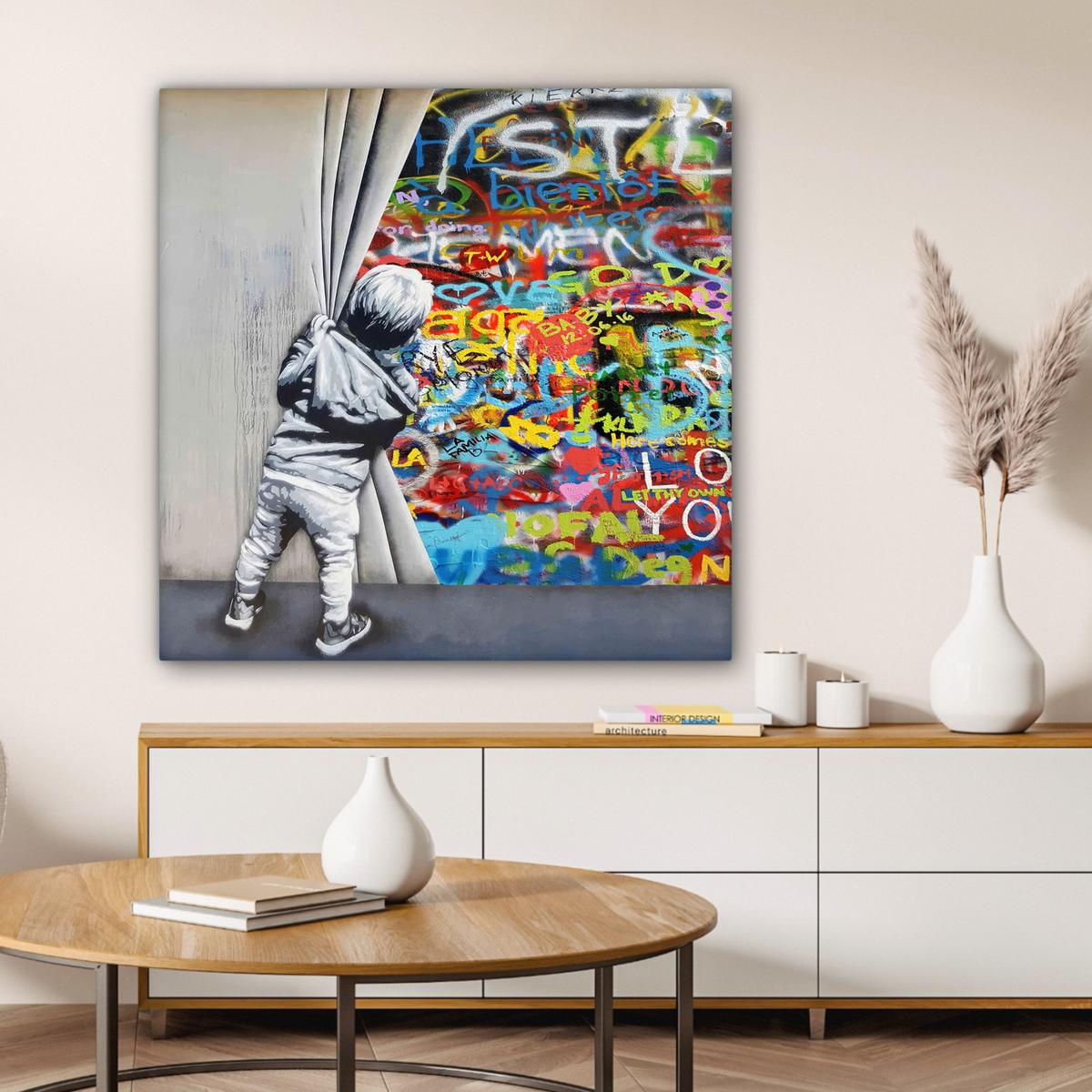 LEINWANDBILD Graffiti - Junge - Ilussie - Straßenkunst Deko Groß 90x90 cm - Hellgrau, Textil (90/90cm) - MuchoWow
