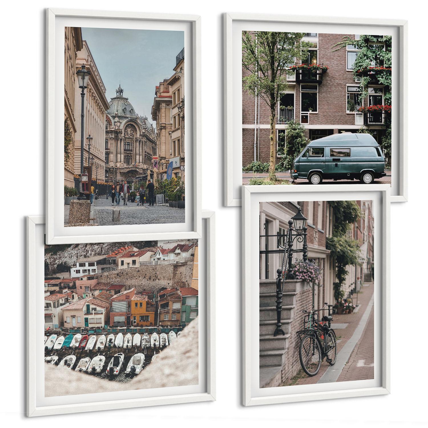 BILDER SET 4er Set - 50x50 cm & 40x60 cm Weißer Rahmen - Stadtansichten von Gebäuden - Weiß, Kunststoff (50/50cm) - TULUP