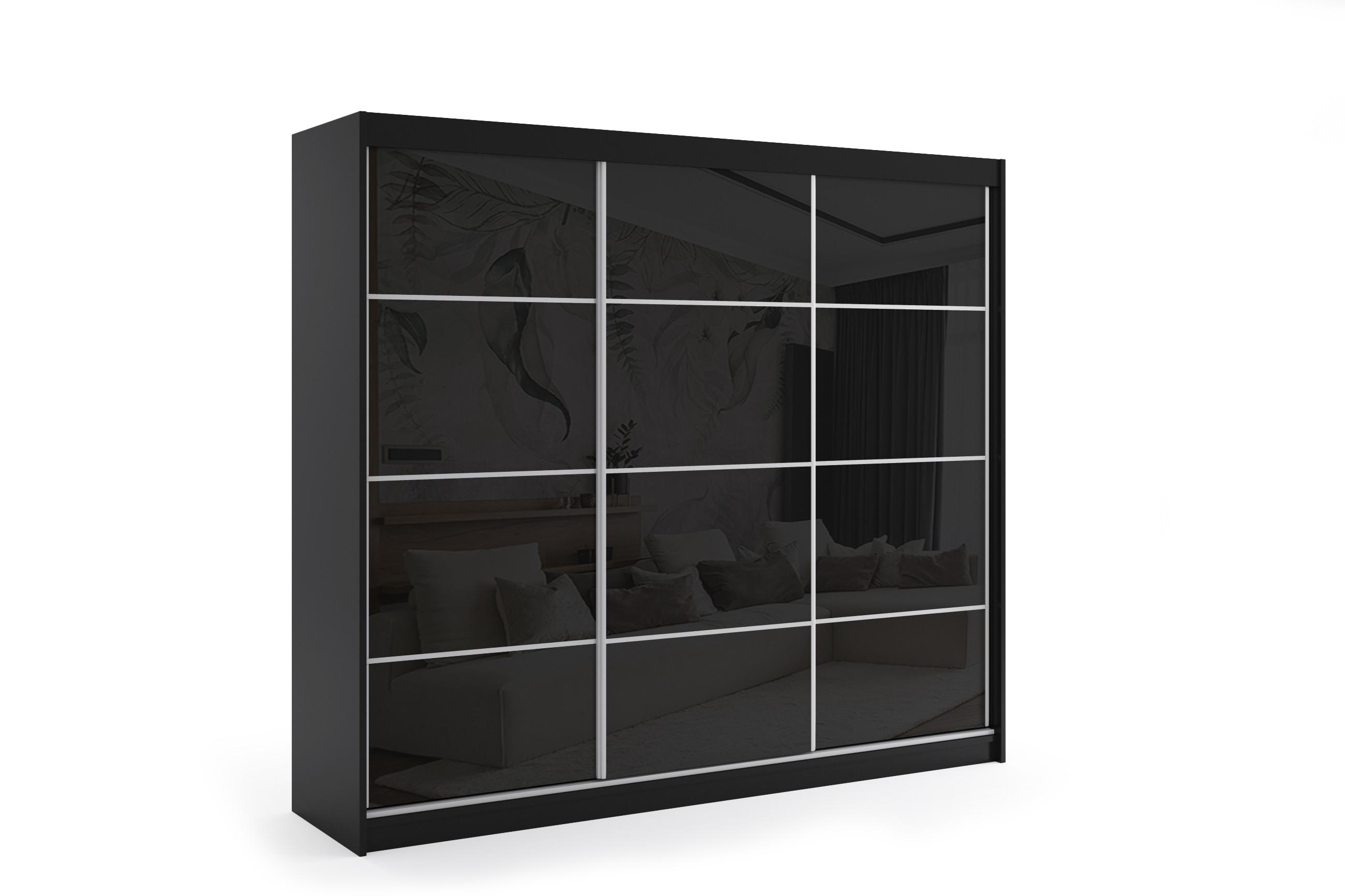 KLEIDERSCHRANK mit Lacobel-Schiebetüren und Aluminium-Leisten - VIVONA - 240 cm Schwarz - Schwarz, Holzwerkstoff (200/216/61cm) - ALTDECOR