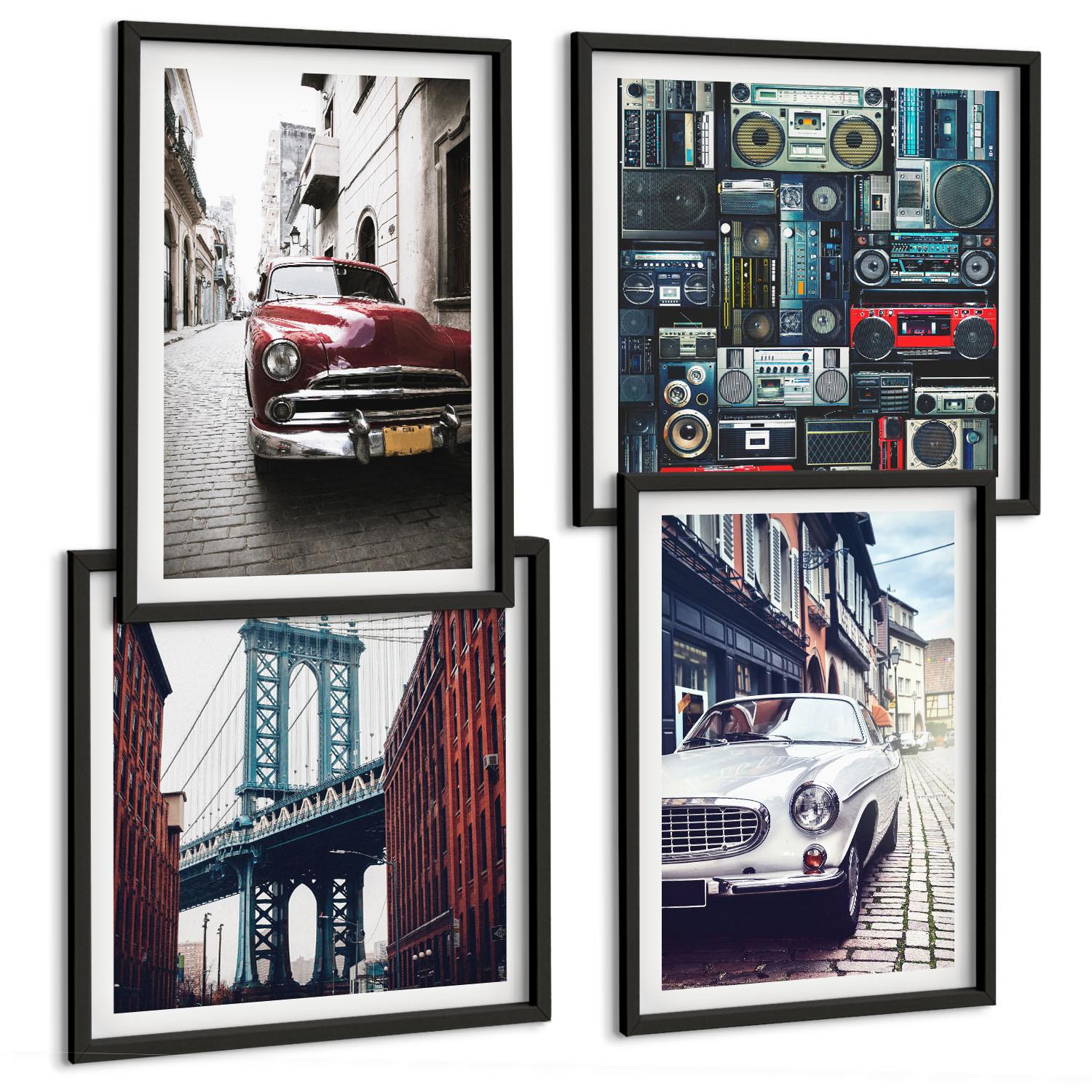 BILDER SET 4er Set - 50x50 cm & 40x60 cm Schwarzer Rahmen - Old Cars Brooklyn Retro-Audio - Schwarz, Kunststoff (50/50cm) - TULUP