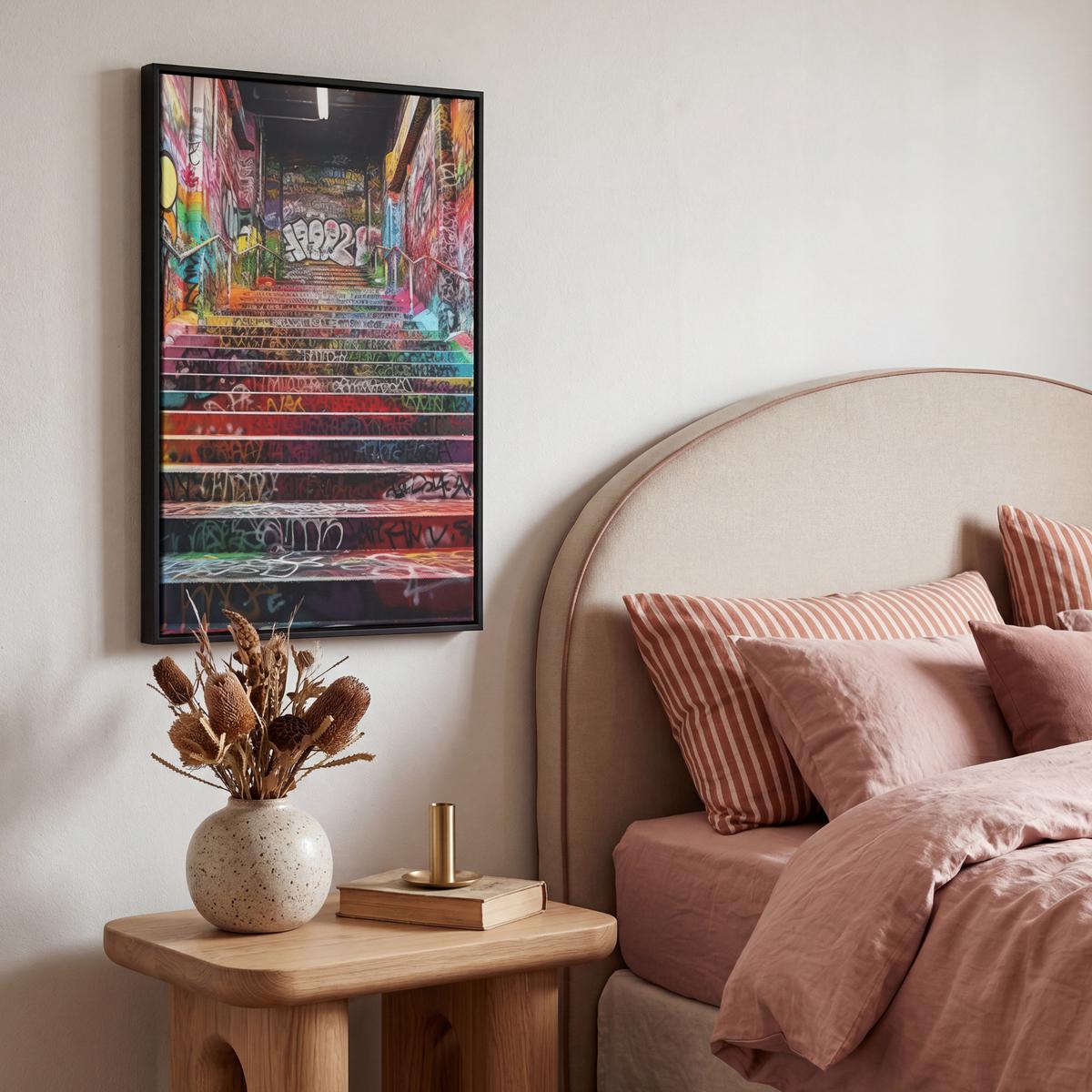 LEINWAND Bilder mit Rahmen - Treppe - Graffiti - Farben - Kunst - 40x60 - Multicolor, Textil (40/60cm) - MuchoWow