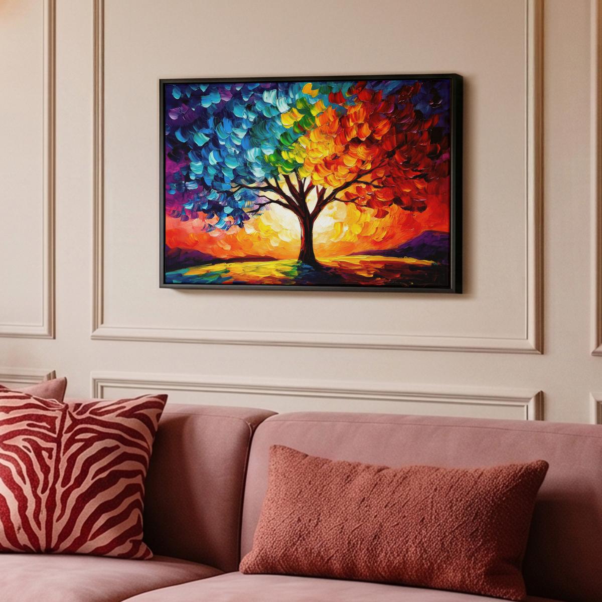 LEINWAND Bilder mit Rahmen - Baum - Kunst - Natur - Sonnenuntergang - 60x40 - Multicolor, Textil (60/40cm) - MuchoWow
