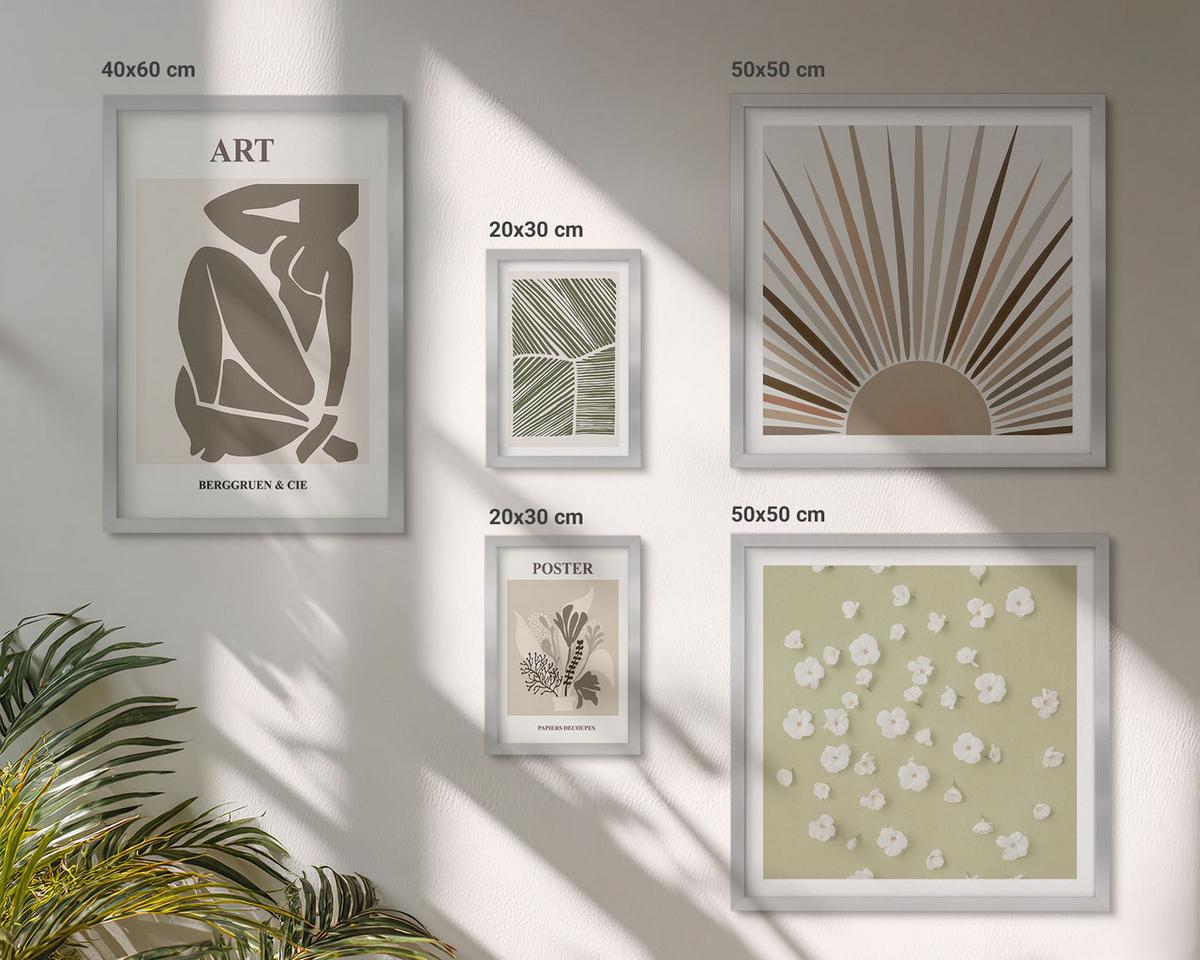BILDER SET 5er Set - 50x50 cm & 20x30 cm & 40x60 cm Silberner Rahmen - Pflanzenmotive in gedeckten Farben - Silberfarben, Kunststoff (40/60cm) - TULUP