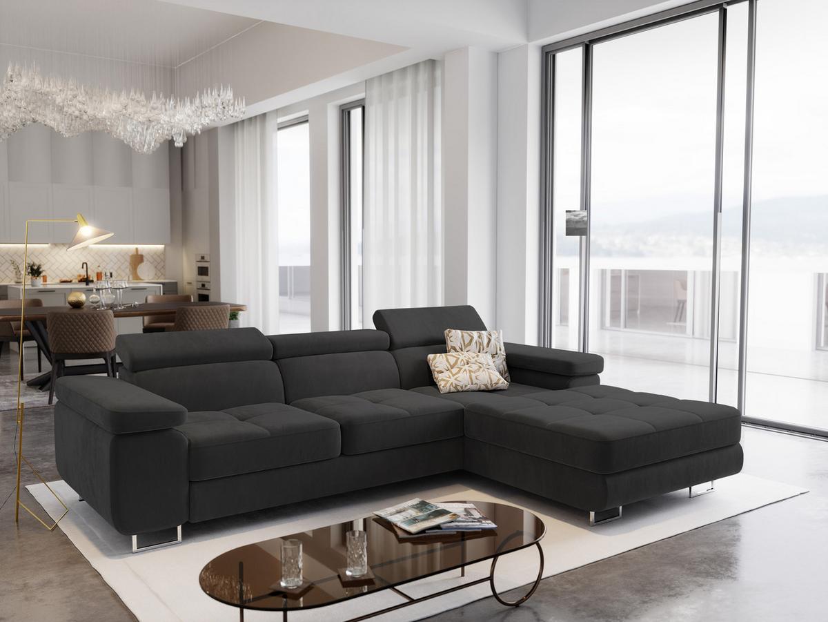 ECKSOFA ELMA R-S Schwarz Velours-Stoff mit Schlaffunktion - Silberfarben/Schwarz, Holz/Textil (280/205cm) - MASSENO