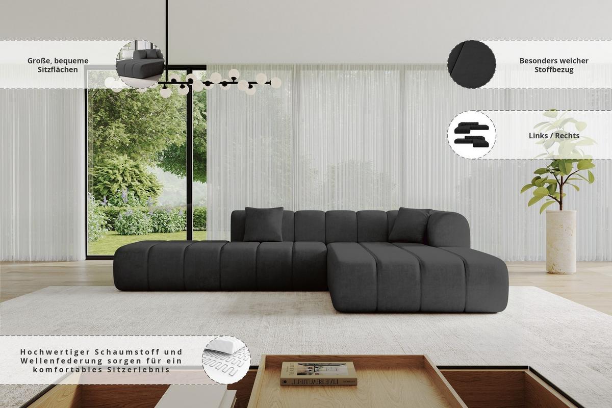 ECKSOFA Ottomane Rechts BILA-L 289x176x71 Schwarz Samt - Schwarz, Holzwerkstoff/Kunststoff (289/176cm) - ALTDECOR