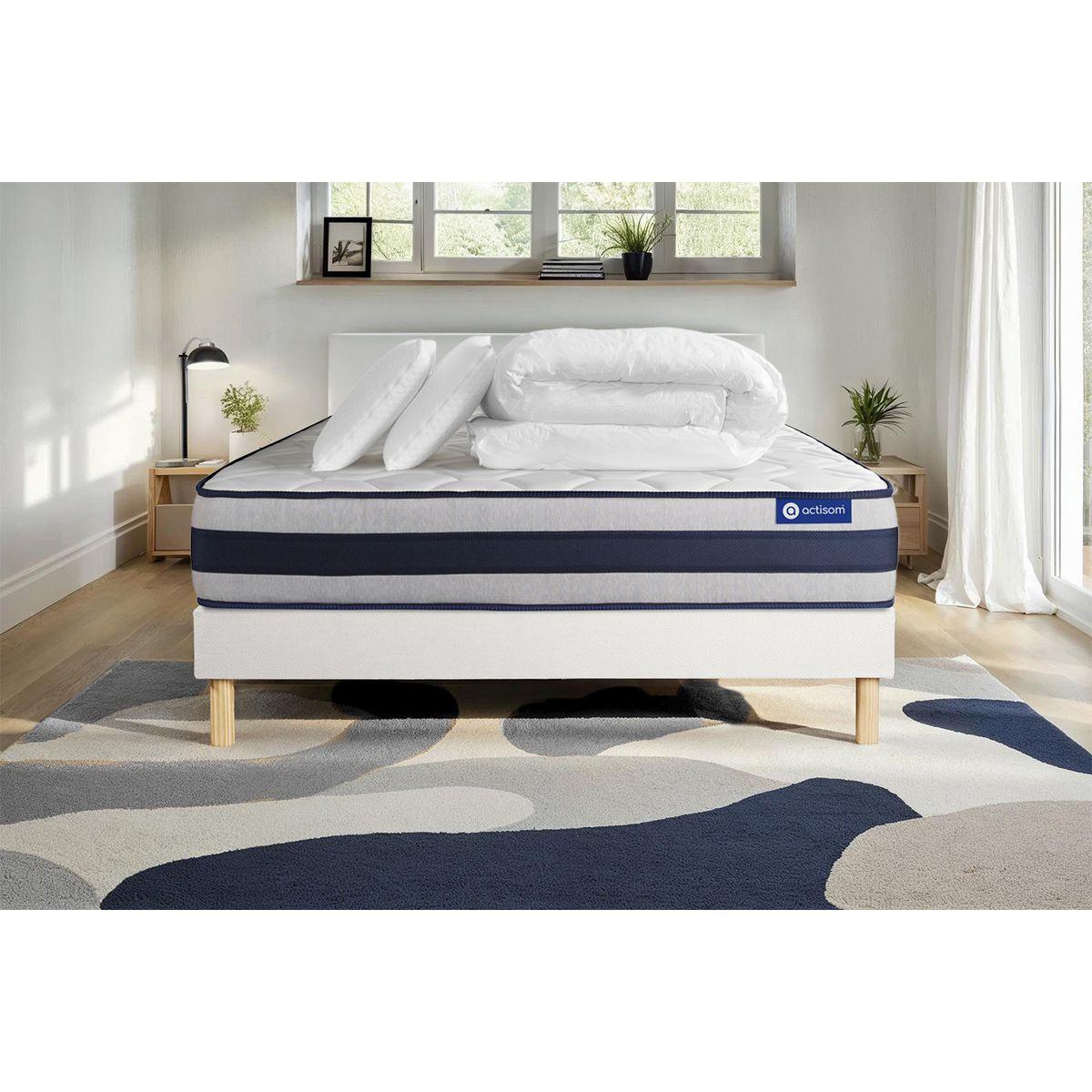 BETT Actimemo ergo Memory-Schaum 140 x 200 cm h3 - Kit Bettgestell Weiß - Mit Kissen und Bettdecke - Beige/Weiß, Karton/Holz (140/200cm) - ACTISOM