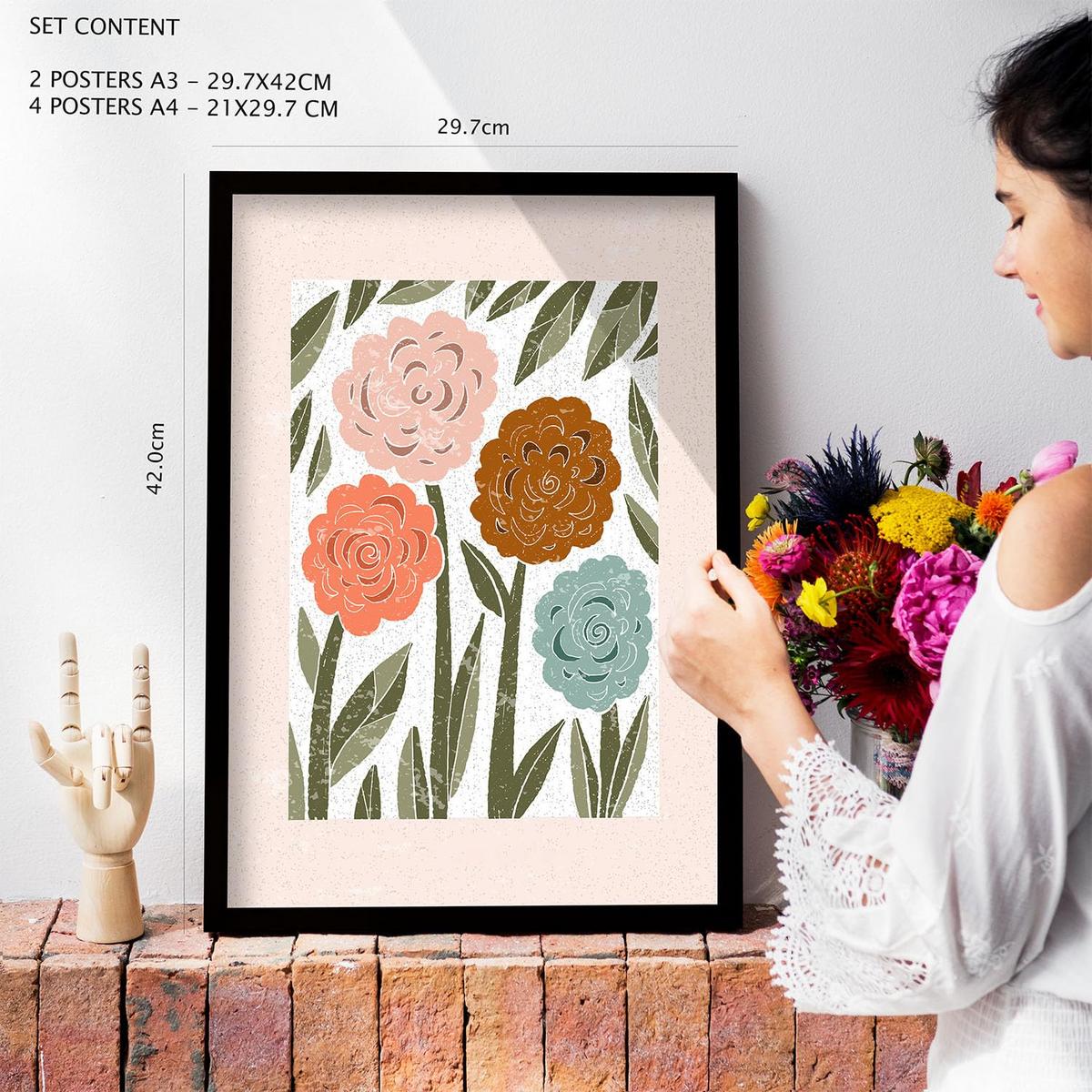 POSTER Set Mit 6 Drucken Blüten In Der Sammlung Ethnischer Style Drucke Dekorative Rahmen Für Ihr Zuhause Wandkunstdruck A3 & A4 Weißer Rahmen - Weiß, Papier (29/3cm) - Nacnic