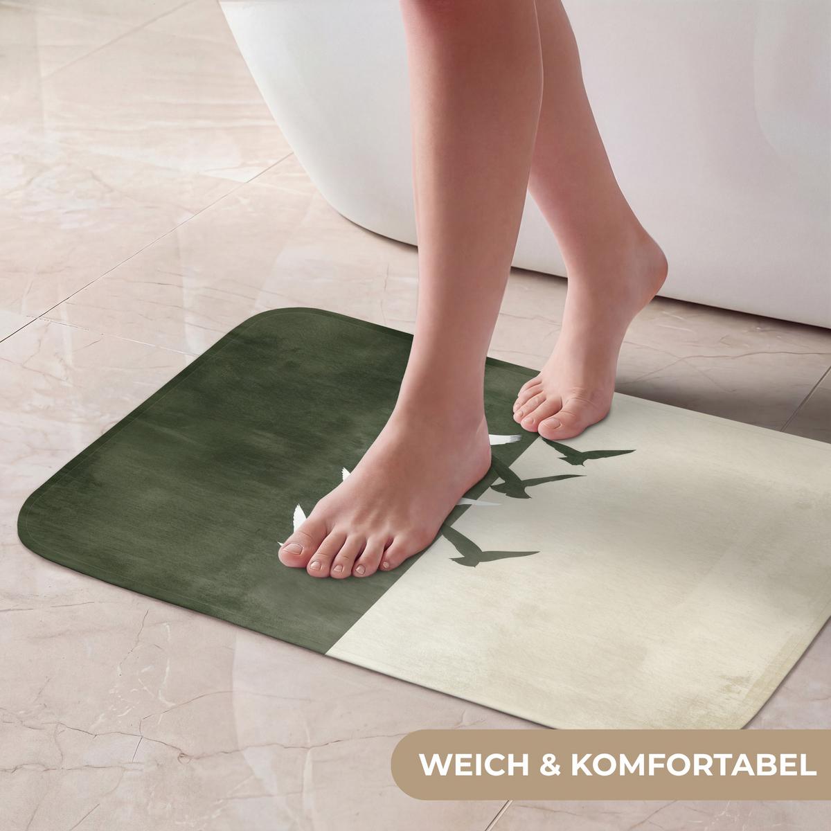 BADEMATTE Japandi - Vogel - Grün 60x40 cm - Olivgrün, Textil (60/40cm) - OnlyWow