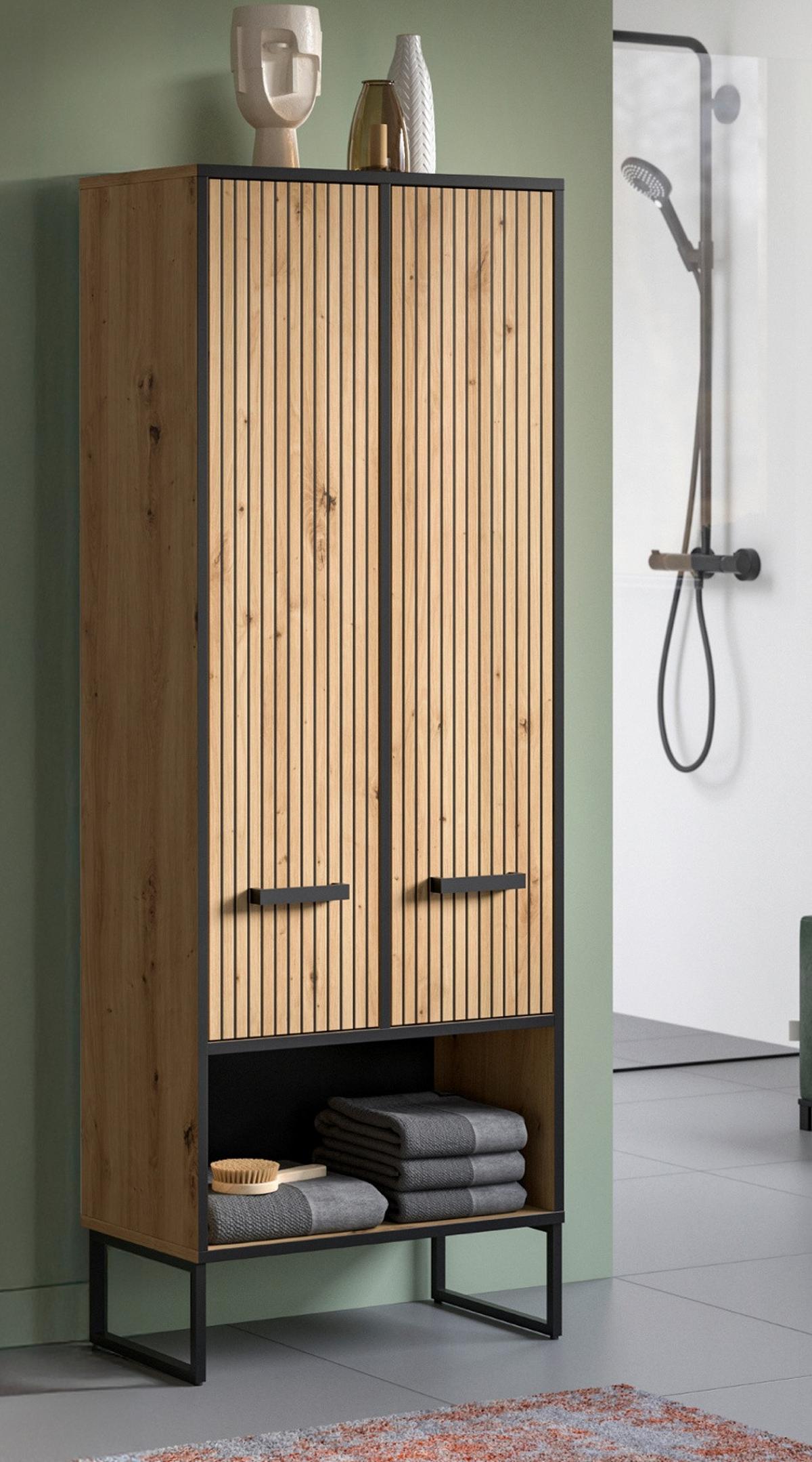 HOCHSCHRANK Eiche Artisan, schwarz 60 x 160 cm, Badezimmer Schrank mit Soft-Close - Schwarz/Eiche Artisan, Holzwerkstoff/Kunststoff (59/159/32cm) - Inn.Furn