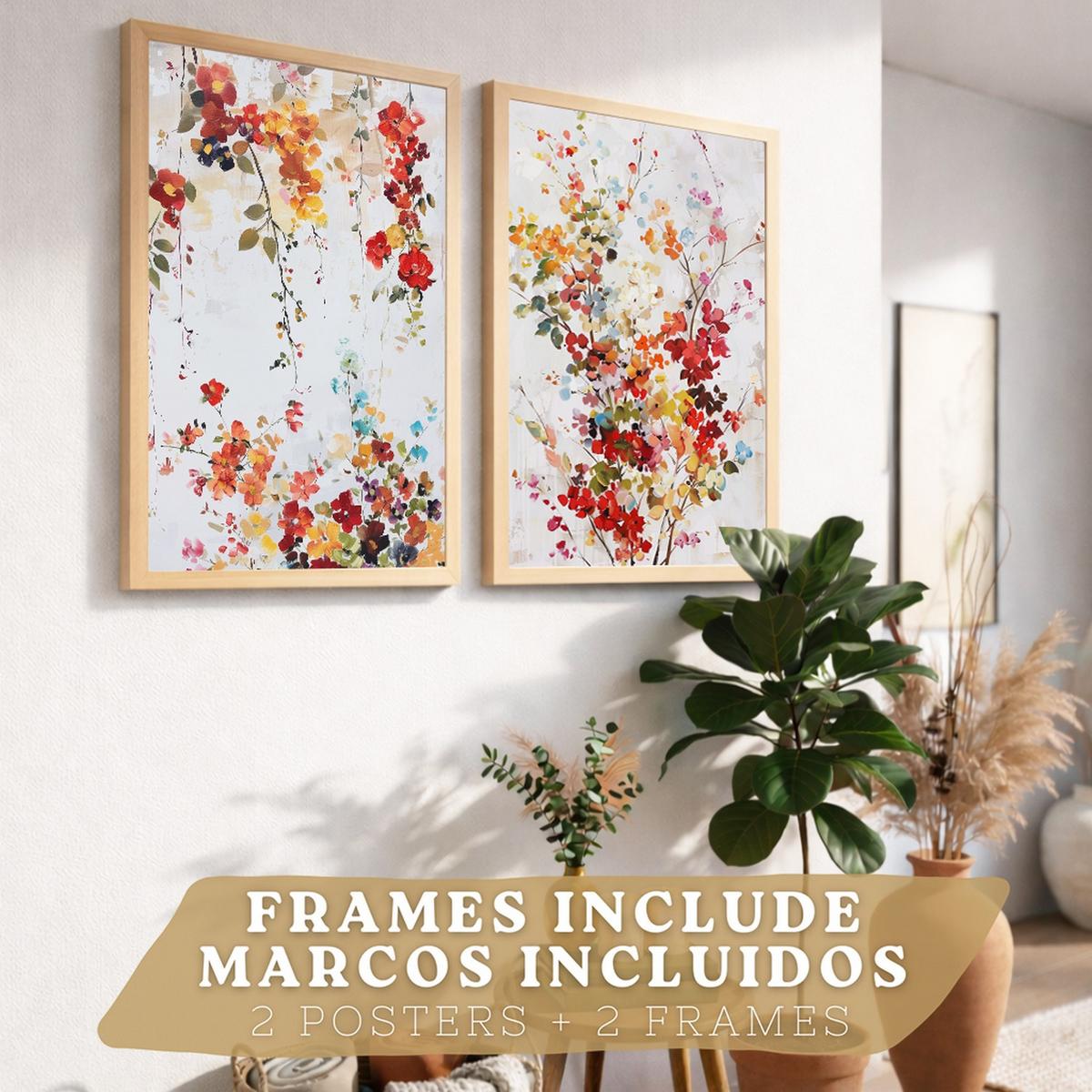 POSTER 2er-Set Wandbilder Wildblumen modern Wohnzimmer Deko, Schlafzimmer, Küche, Badezimmer Leichter Holzrahmen A4 - Beige, Papier (29.7/1/21cm) - Nacnic