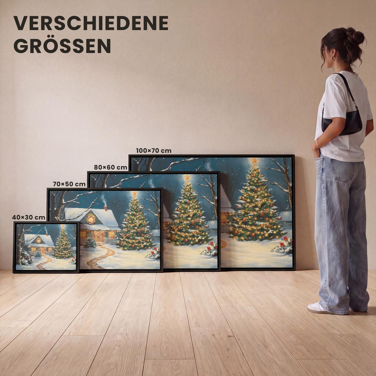 LEINWAND Bilder mit Rahmen - Weihnachten - Weihnachtsbaum - Winter - Zuhause - Schnee - 80x60 - Smaragdgrün, Textil (80/60cm) - MuchoWow
