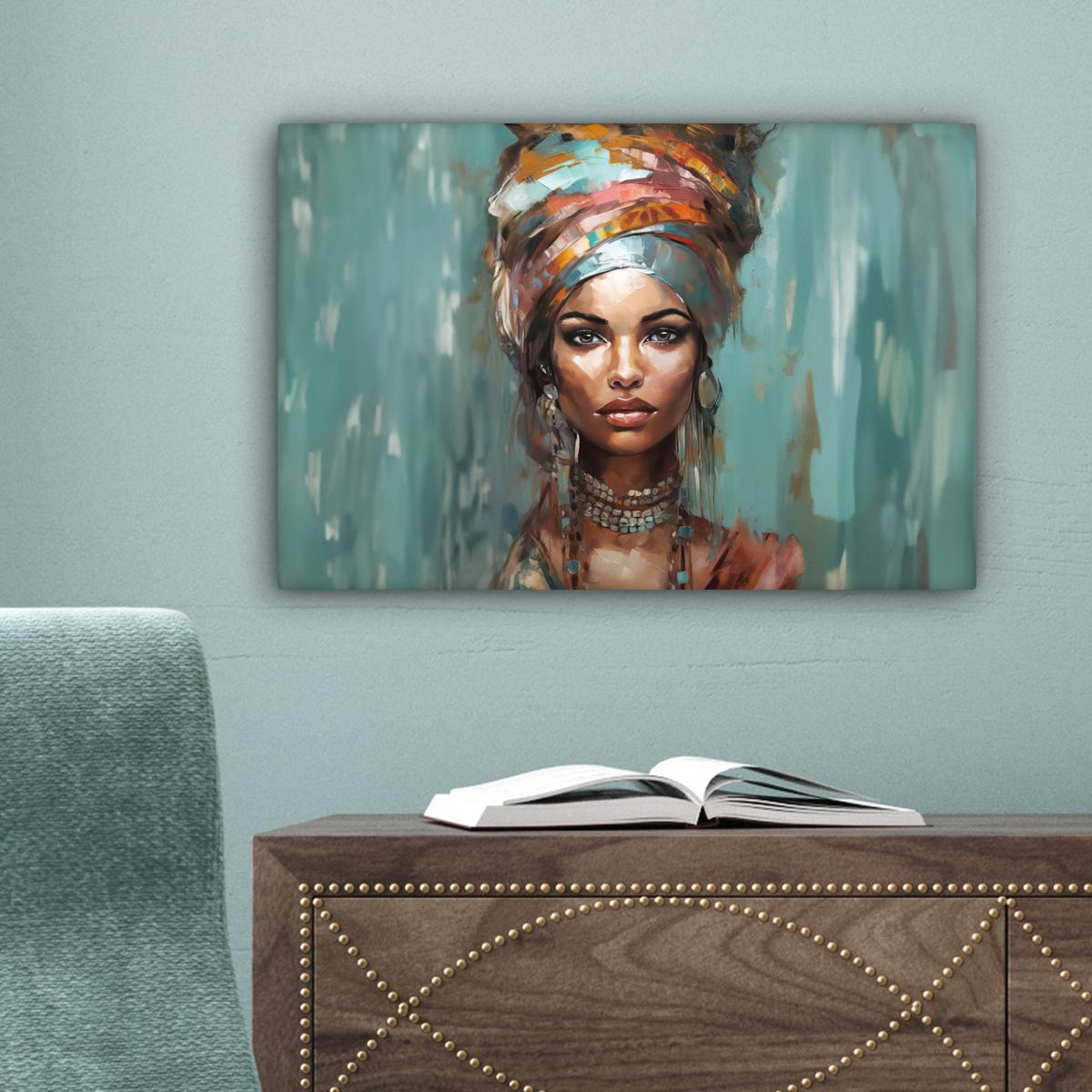 LEINWANDBILD Frau - Kunst - Schmuck - Porträt Deko Schlafzimmer 30x20 cm - Blaugrau, Textil (30/20cm) - MuchoWow