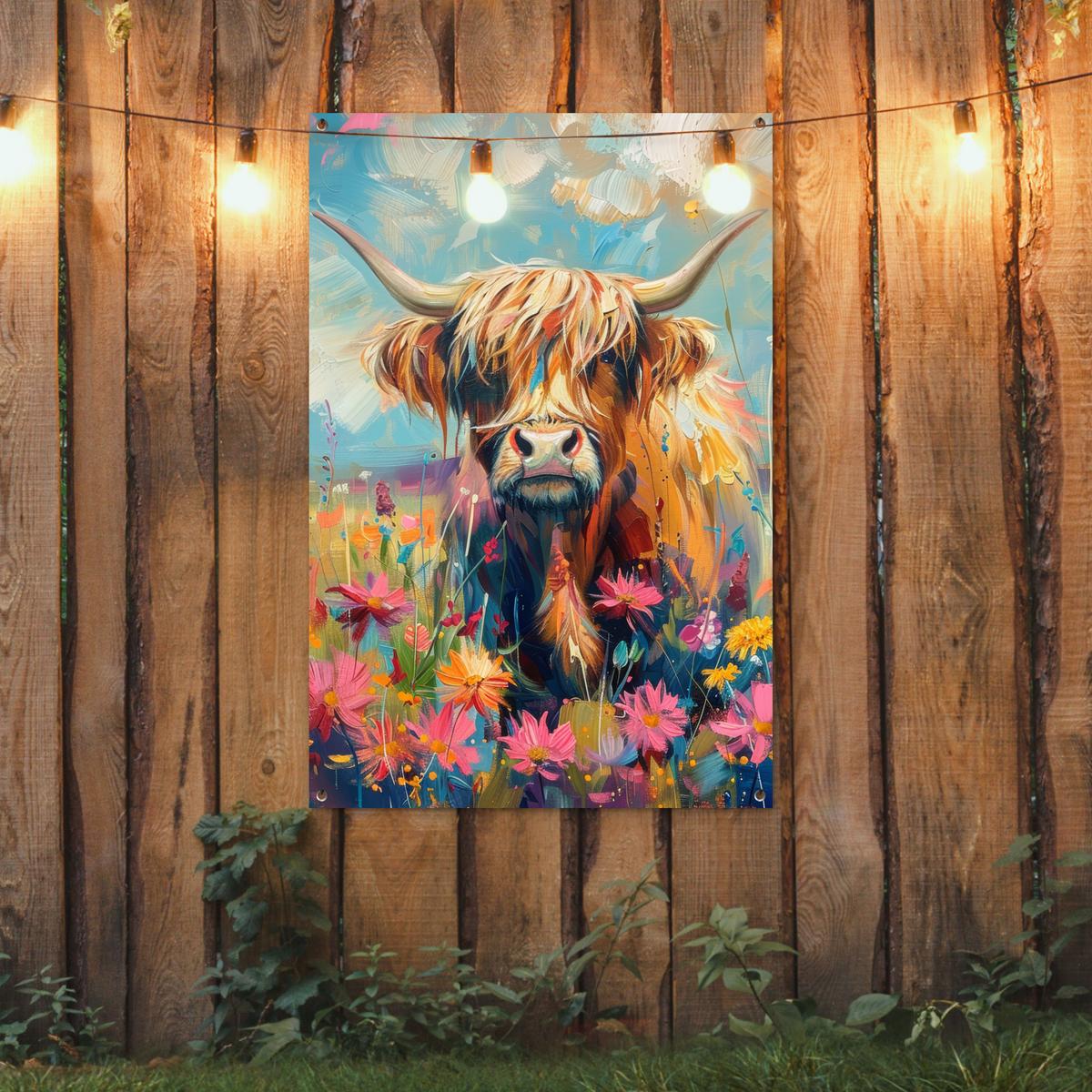 GARTENPOSTER Schottische Hochländer - Natur - Farbenfroh - Blumen Outdoor Bilder 80x120 cm - Hellblau, Kunststoff (80/120/0.2cm) - OnlyWow