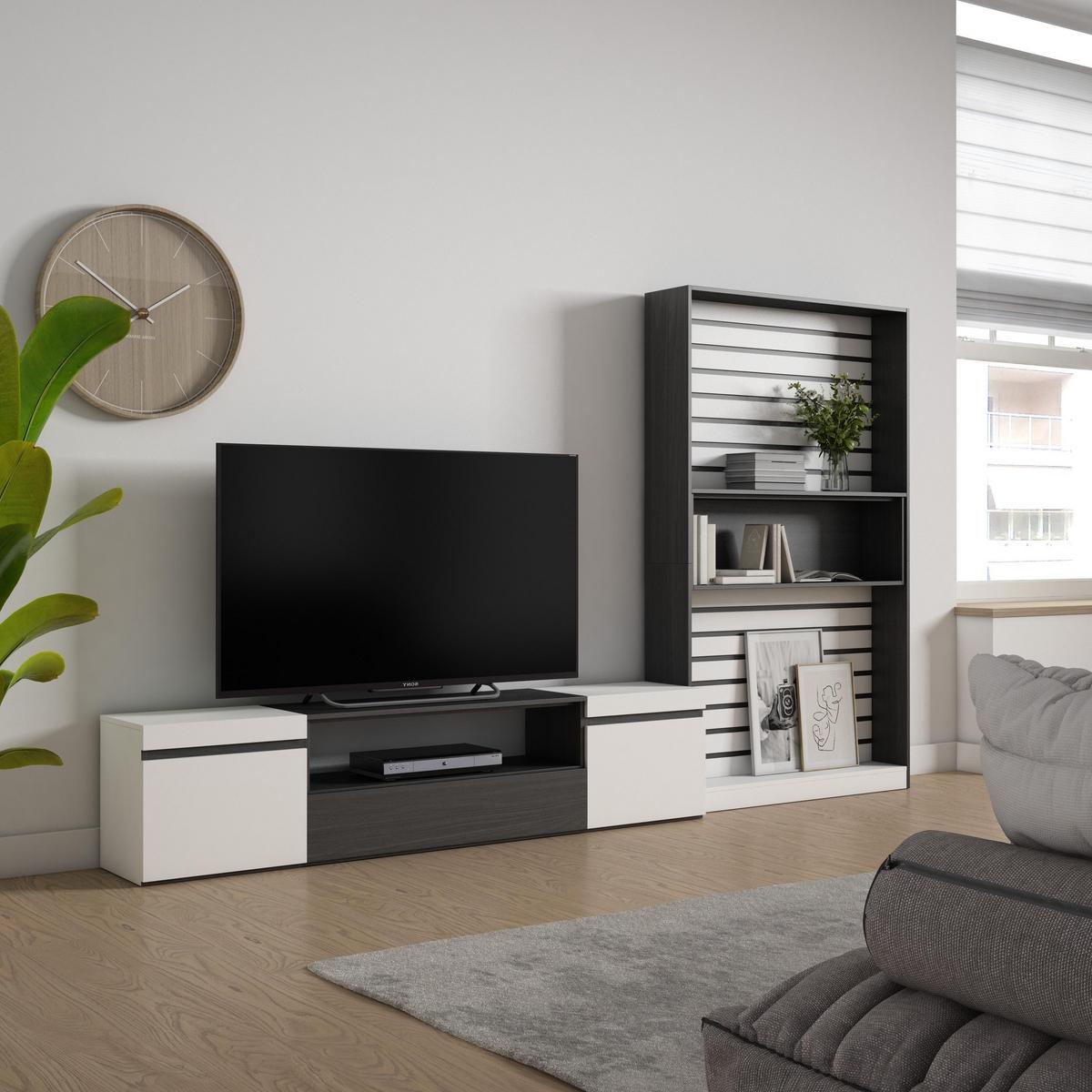 WOHNWAND Wohnzimmer, weiß und schwarz, 310/35/186cm - Schwarz/Weiß, Holzwerkstoff (310/186/35cm) - Skraut Home
