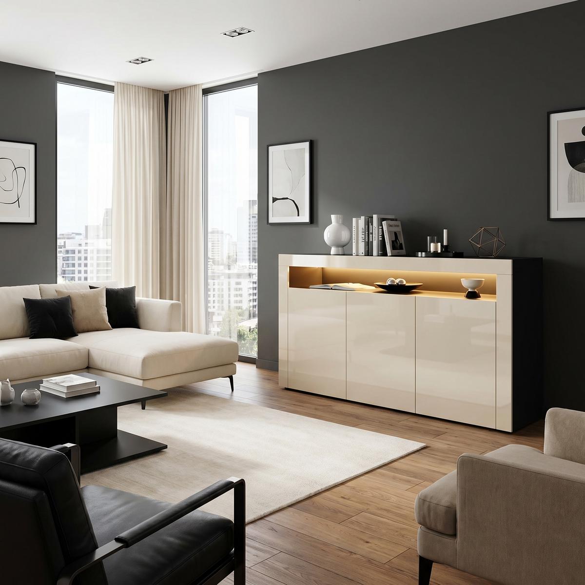 SIDEBOARD Valencia Creme Hochglanz / Creme Hochglanz - Creme, Holzwerkstoff (155/92/40cm) - Vladon
