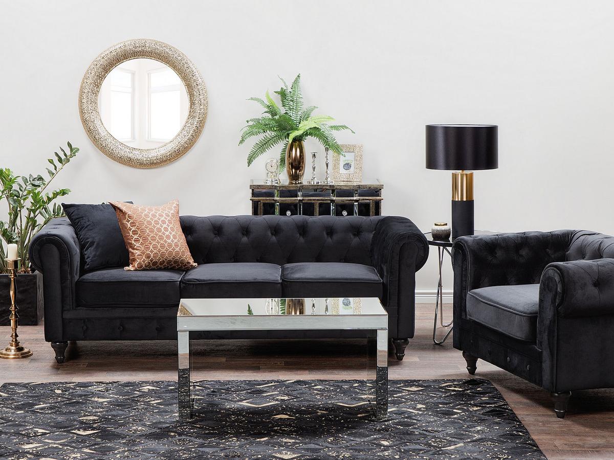 4-SITZER SOFA SET Samtstoff Schwarz Chesterfield - Schwarz, Textil (201/70/75cm) - Beliani