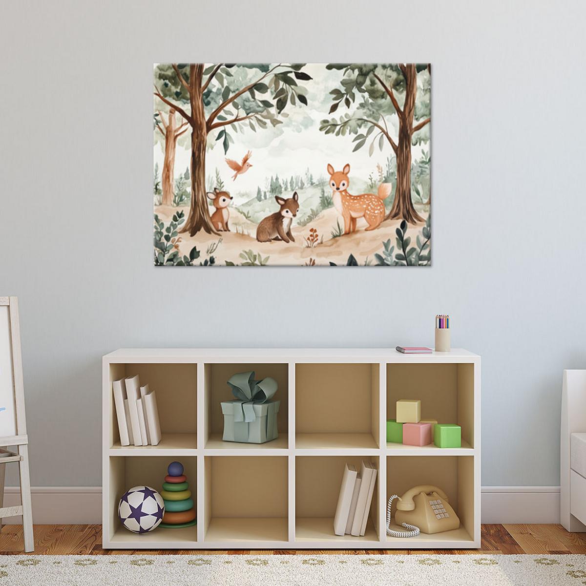 LEINWANDBILD Hirsch Vogel Waldtier Beige 100x70cm - Grün, Textil (100/70cm) - Feeby