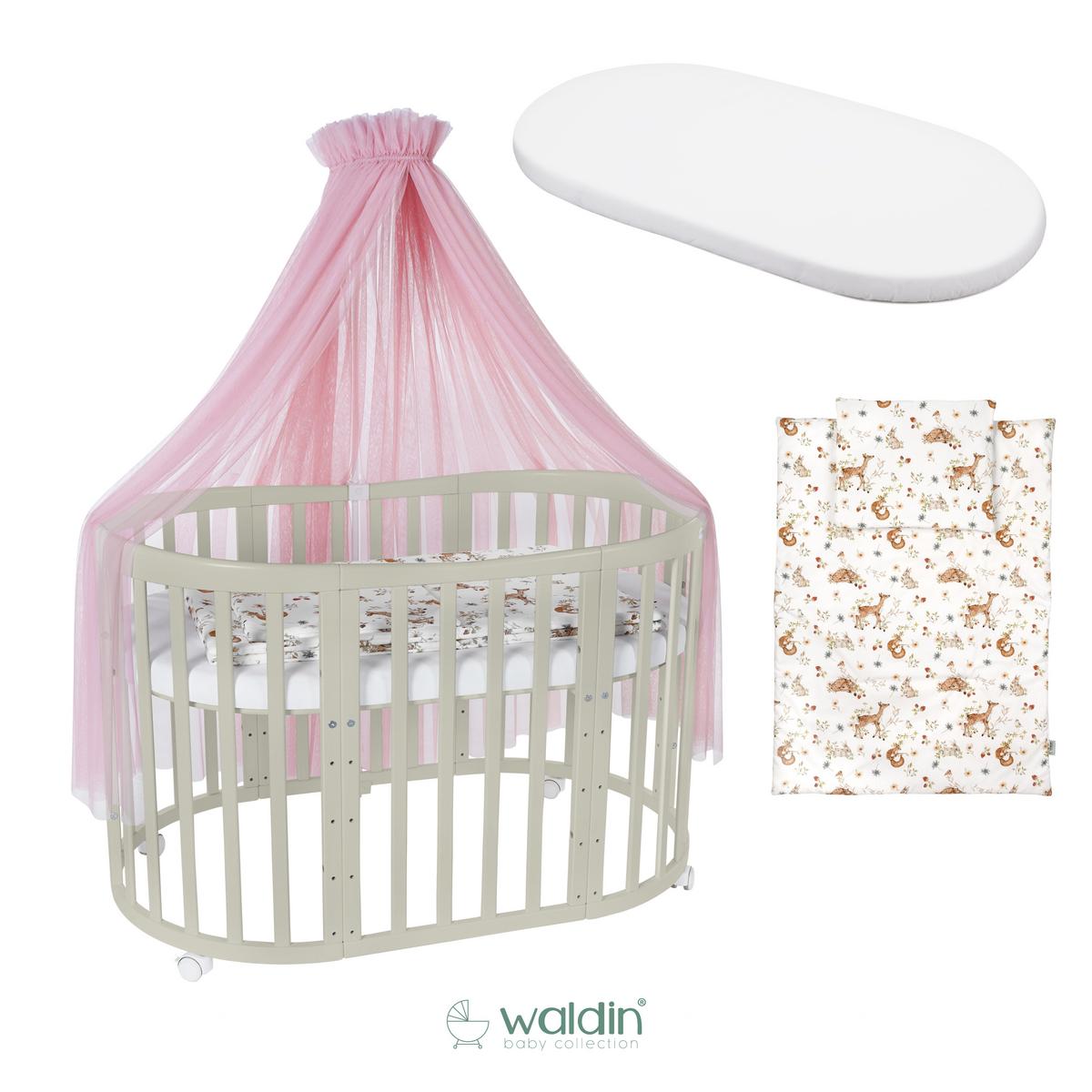BABYBETT OLIVE OVAL 7in1 mit Matratze und Himmelset - Olivgrün/Rosa, Holz/Textil (73/125cm) - waldin