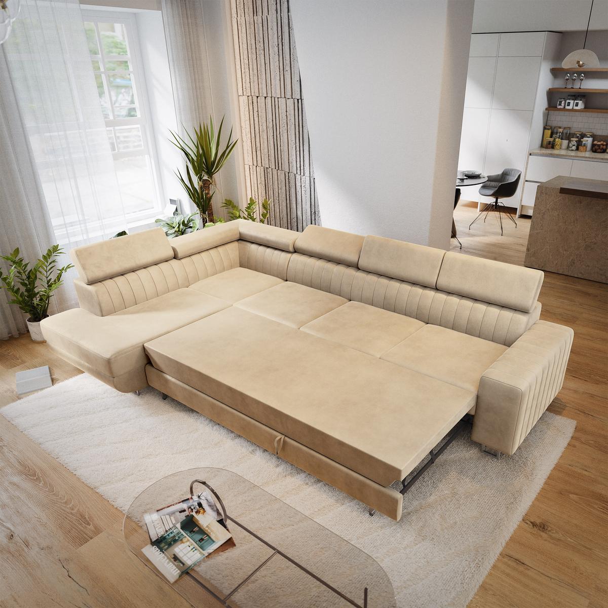 ECKSOFA HESTION Creme Velours-Stoff mit Schlaffunktion - Creme, Holz (332/190cm) - MASSENO