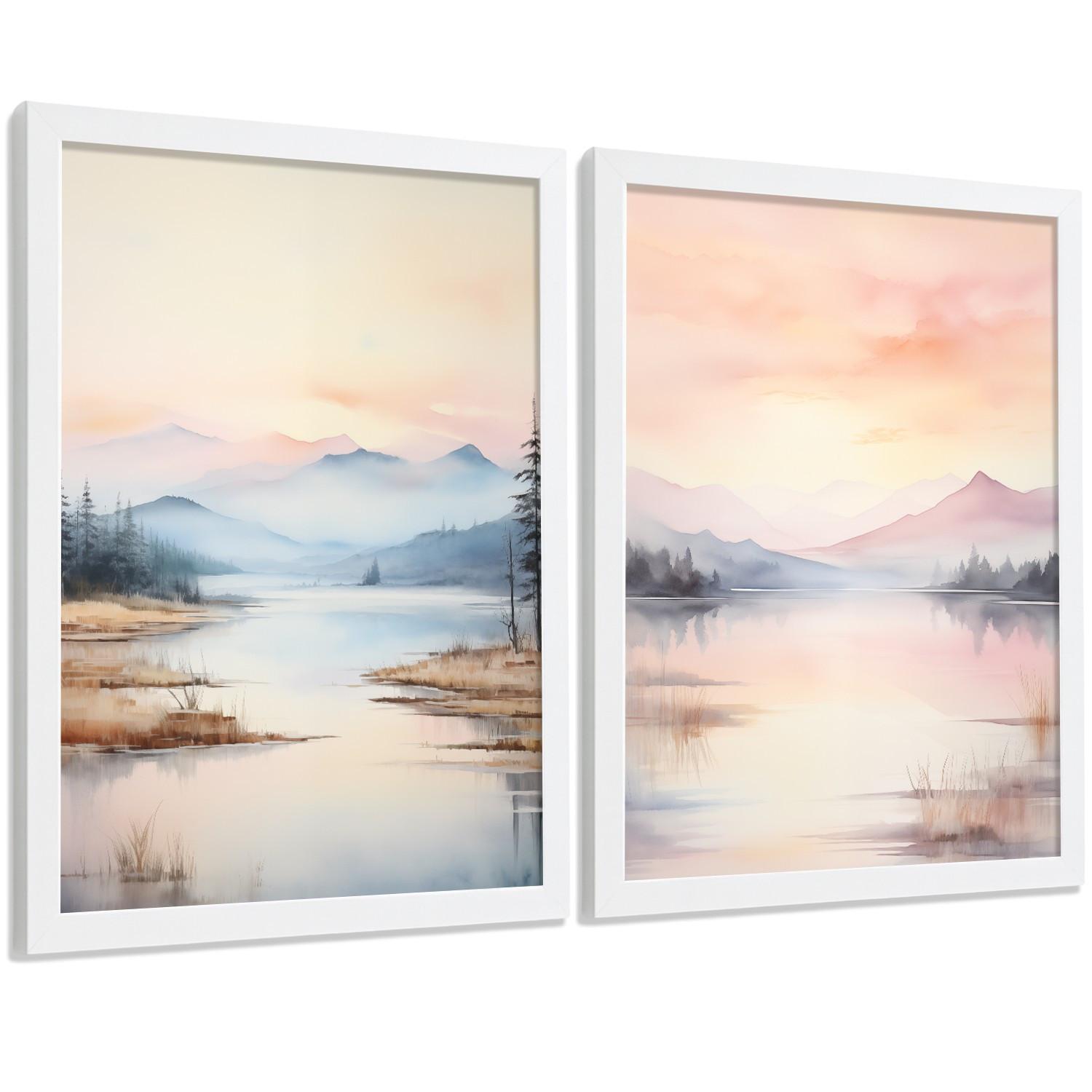 POSTER 2er-Set Wandbilder Sonnenuntergang modern Wohnzimmer Deko, Schlafzimmer, Küche, Badezimmer Rahmenlos A4 - Weiß, Papier (29.7/1/21cm) - Nacnic
