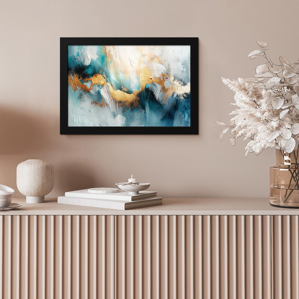 POSTER MIT RAHMENGERAHMTES BILD Abstrakt - Kunst - Gold - Blau 30x20 cm - Petrol, Papier (30/20cm) - MuchoWow