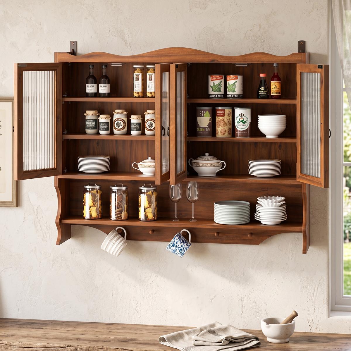 WANDSCHRANK Massivholz Braun 4 Glastüren 3 Ebenen & Hakenleiste 100cm - Braun, Holz/Holzwerkstoff (100/80/20cm) - Urban Meuble