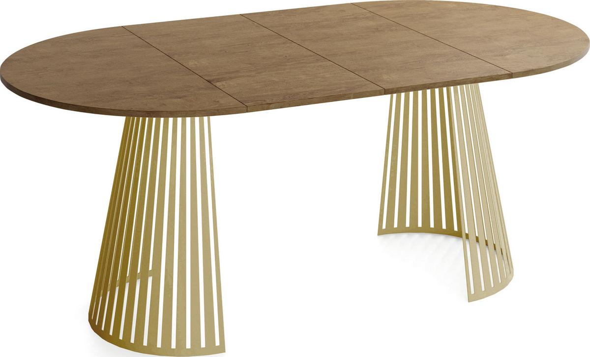 ESSTISCH Naro rund ausziehbar mit Goldenem Lamellen-Metallgestell, Braun 120-200/120/76 cm - Alteiche/Goldfarben, Holzwerkstoff/Metall (120/196/76cm) - WFL GROUP