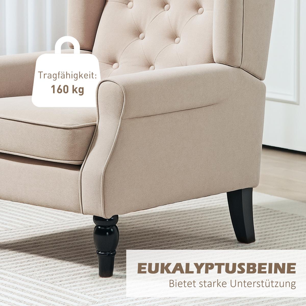 OHRENSESSEL Gepolstert Sessel mit Tufting, hoher Rückenlehne bis 160 kg, Beige - Beige/Schwarz, Holz/Textil (74/102/87cm) - HOMCOM