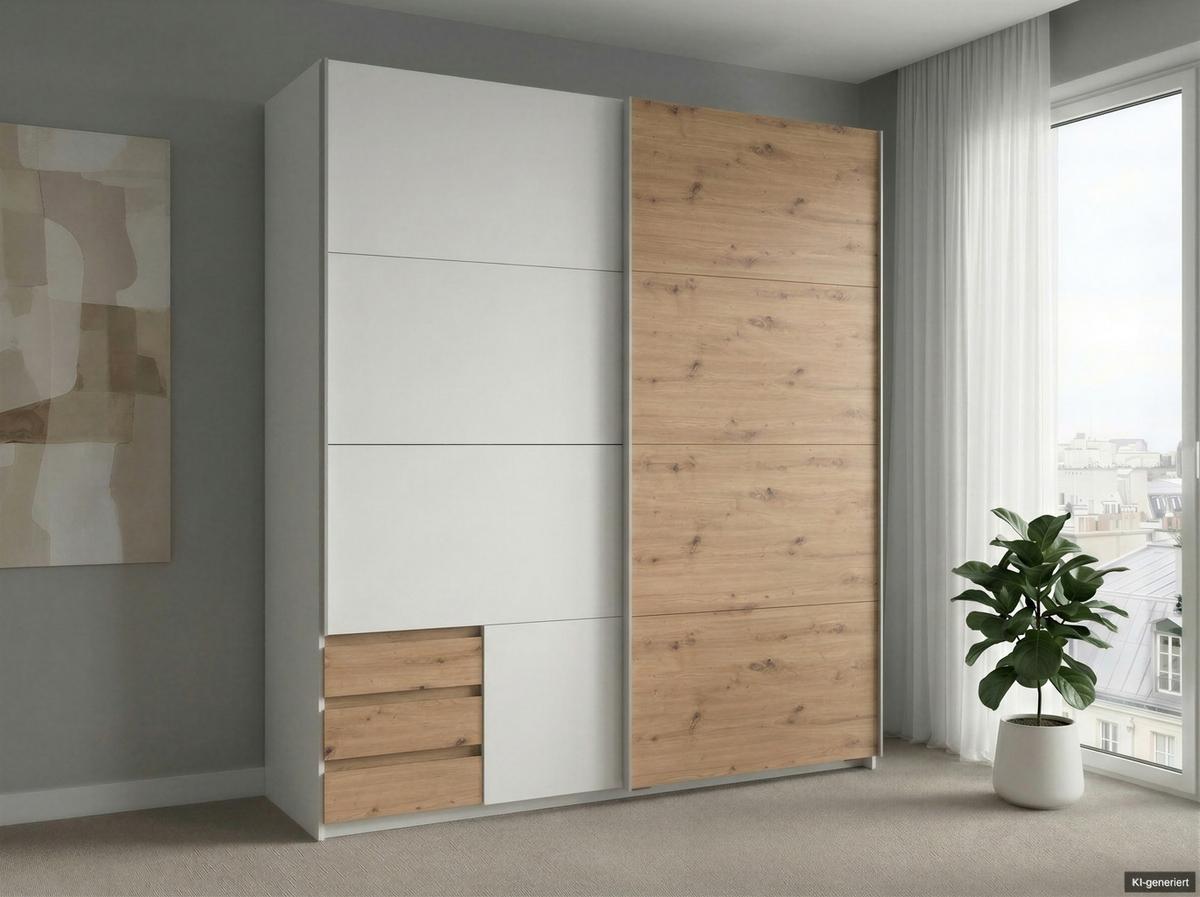 SCHWEBETÜRENSCHRANK 2-türig B179/H198/T65 cm, Kleiderschrank in Weiß, 1x Tür & sichtbare Schubkästen in Eiche Artisan Dekor / 22690 - Eichefarben/Alufarben, Holz/Holzwerkstoff (179/198/65cm) - luma-home