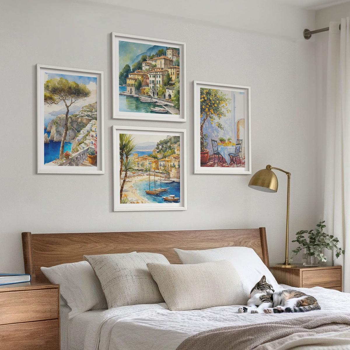 BILDER SET 4er Set - 50x50 cm & 40x60 cm Weißer Rahmen - Italienische Städte (Aquarell) - Weiß, Kunststoff (50/50cm) - TULUP