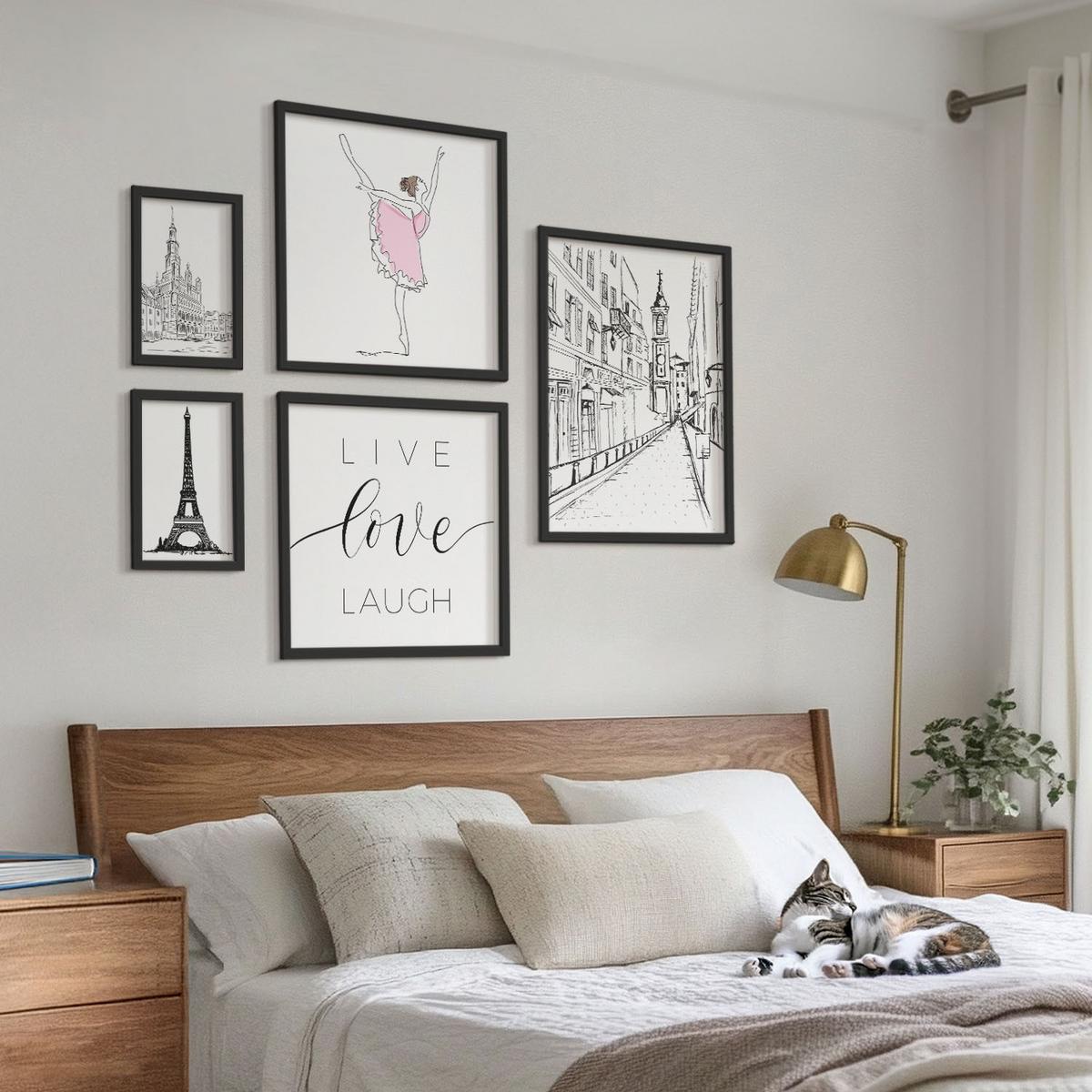 BILDER SET 5er Set - 50x50 cm & 20x30 cm & 40x60 cm Schwarzer Rahmen - Fruchtige Zitrusmuster - Schwarz, Kunststoff (40/60cm) - TULUP