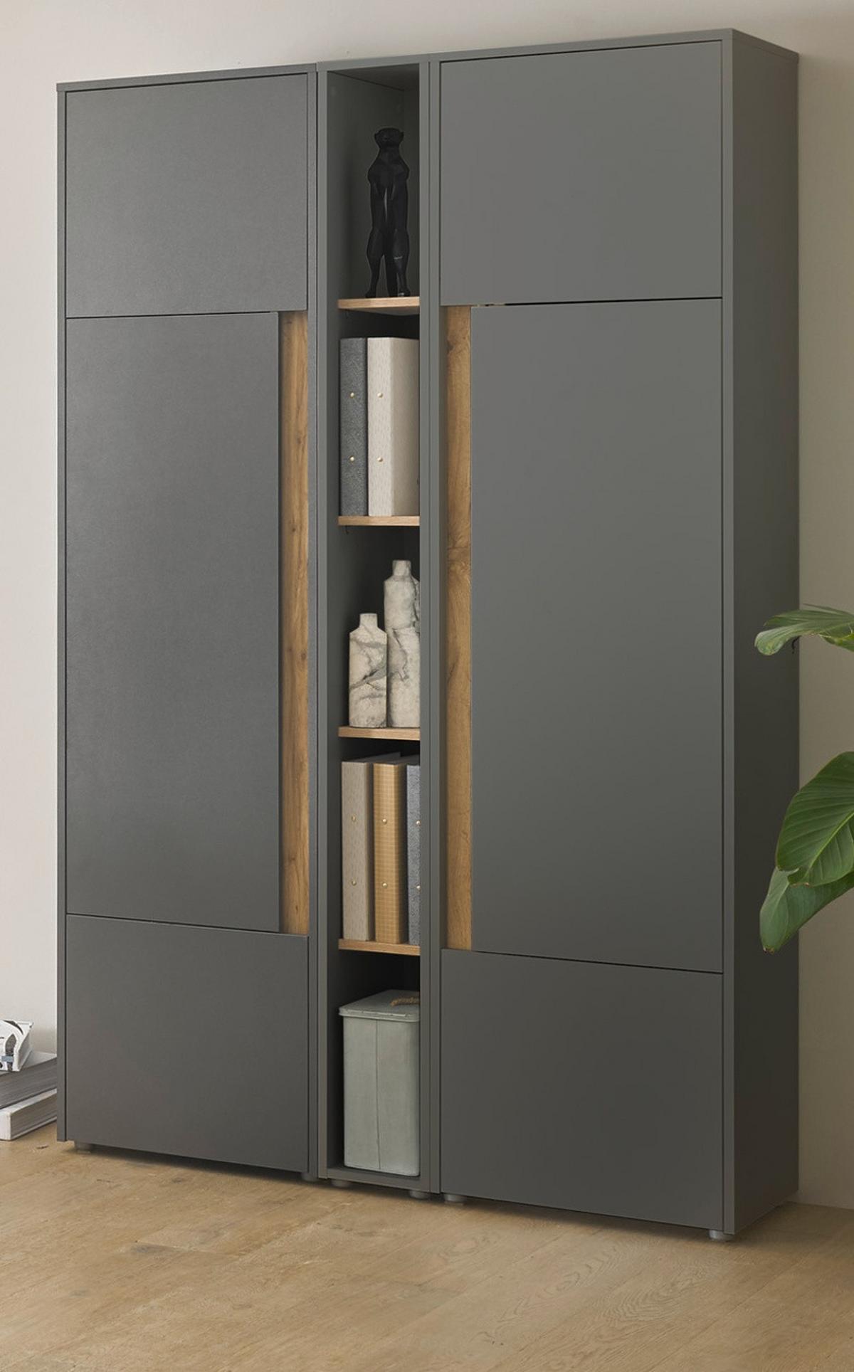 AKTENSCHRANK Set 3-teilig grau, Eiche Wotan 120 x 200 cm, Schrank-Regal-Kombination mit 15 Fächern - Eiche Wotan/Schwarz, Holzwerkstoff/Kunststoff (120/200/40cm) - Furn.Design