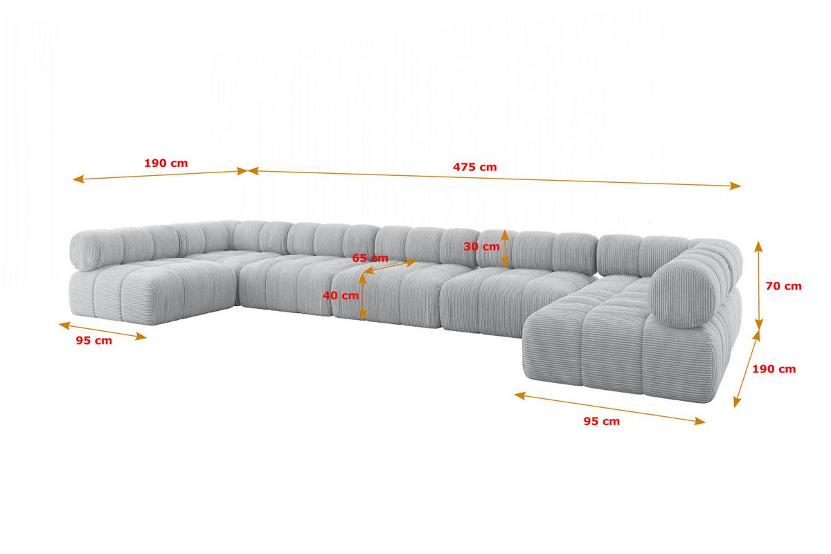 WOHNLANDSCHAFT modulares Sofa Garvo-U3 - 475x190x70 cm Grau Cord - Hellgrau/Grau, Holzwerkstoff/Textil (475/70/190cm) - ALTDECOR
