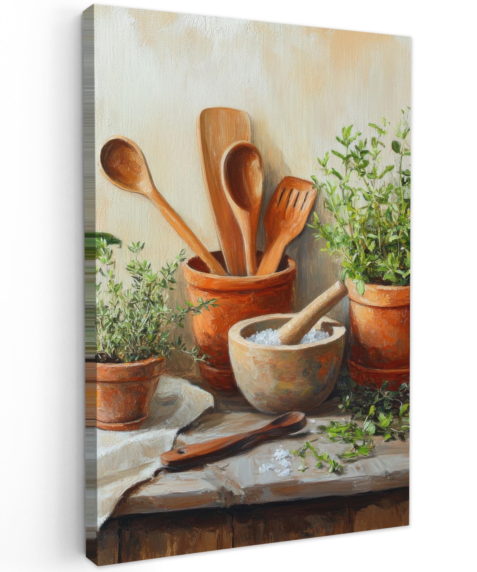 LEINWANDBILD Töpfe - Kräuter - Holz Deko XXL 80x120 cm - Terracotta, Textil (80/120cm) - MuchoWow