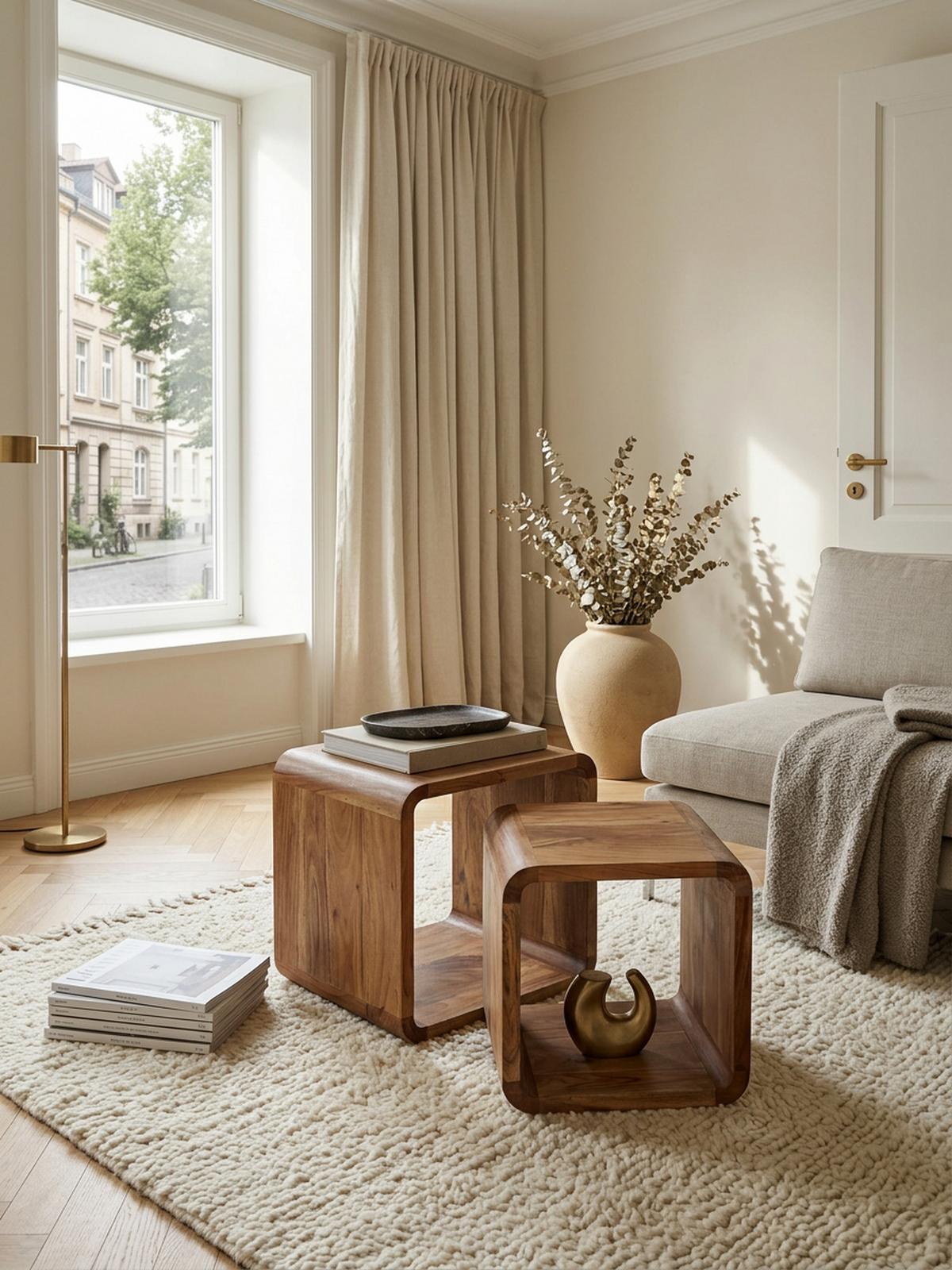 BEISTELLTISCH Set – 2-teilig Akazie Massivholz handgefertigt - Beige/Braun, Holz (36/43/43cm) - KADIMA DESIGN